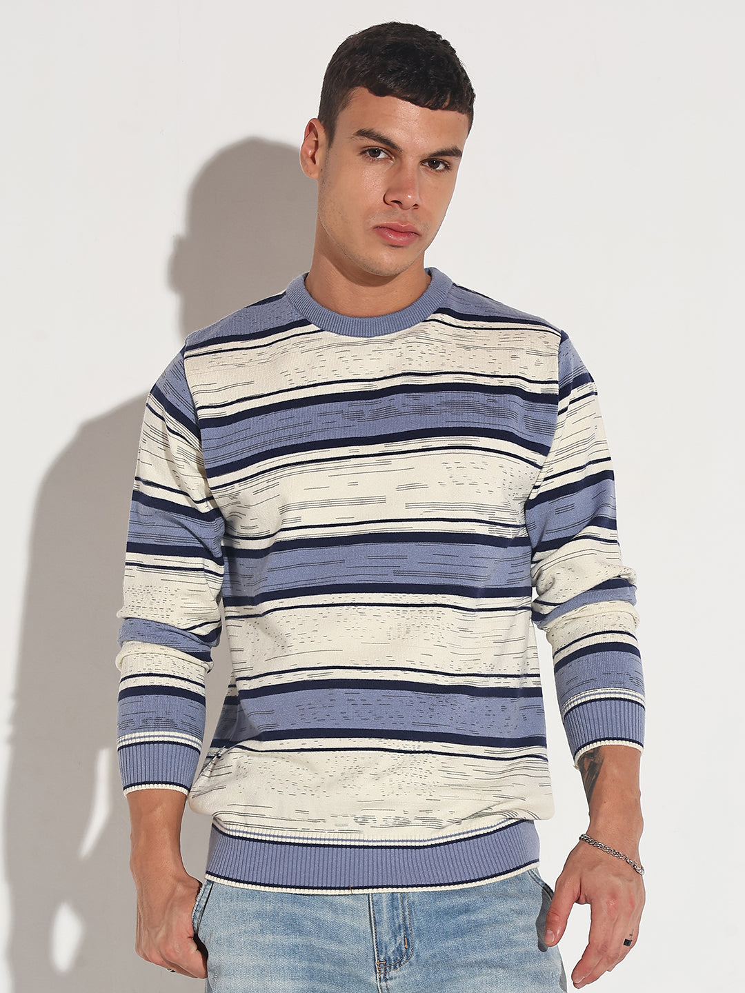 Men's Striped Blue Ribbed Round Neck Sweater