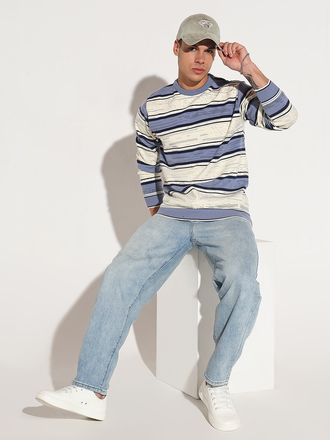 Men's Striped Blue Ribbed Round Neck Sweater