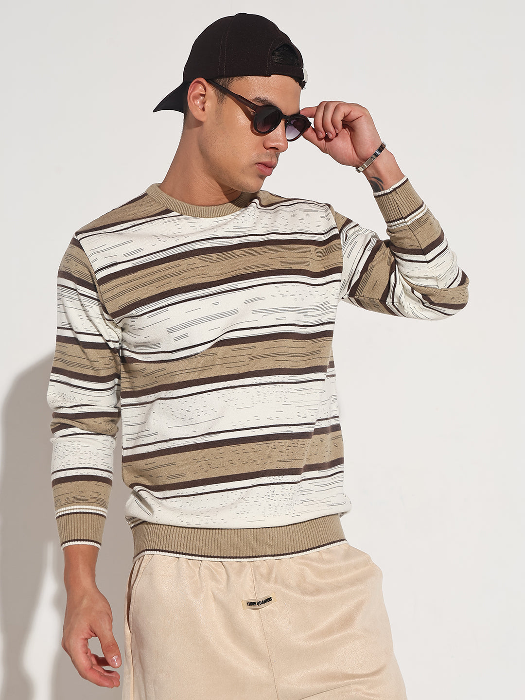 Men's Striped Brown Ribbed Round Neck Sweater
