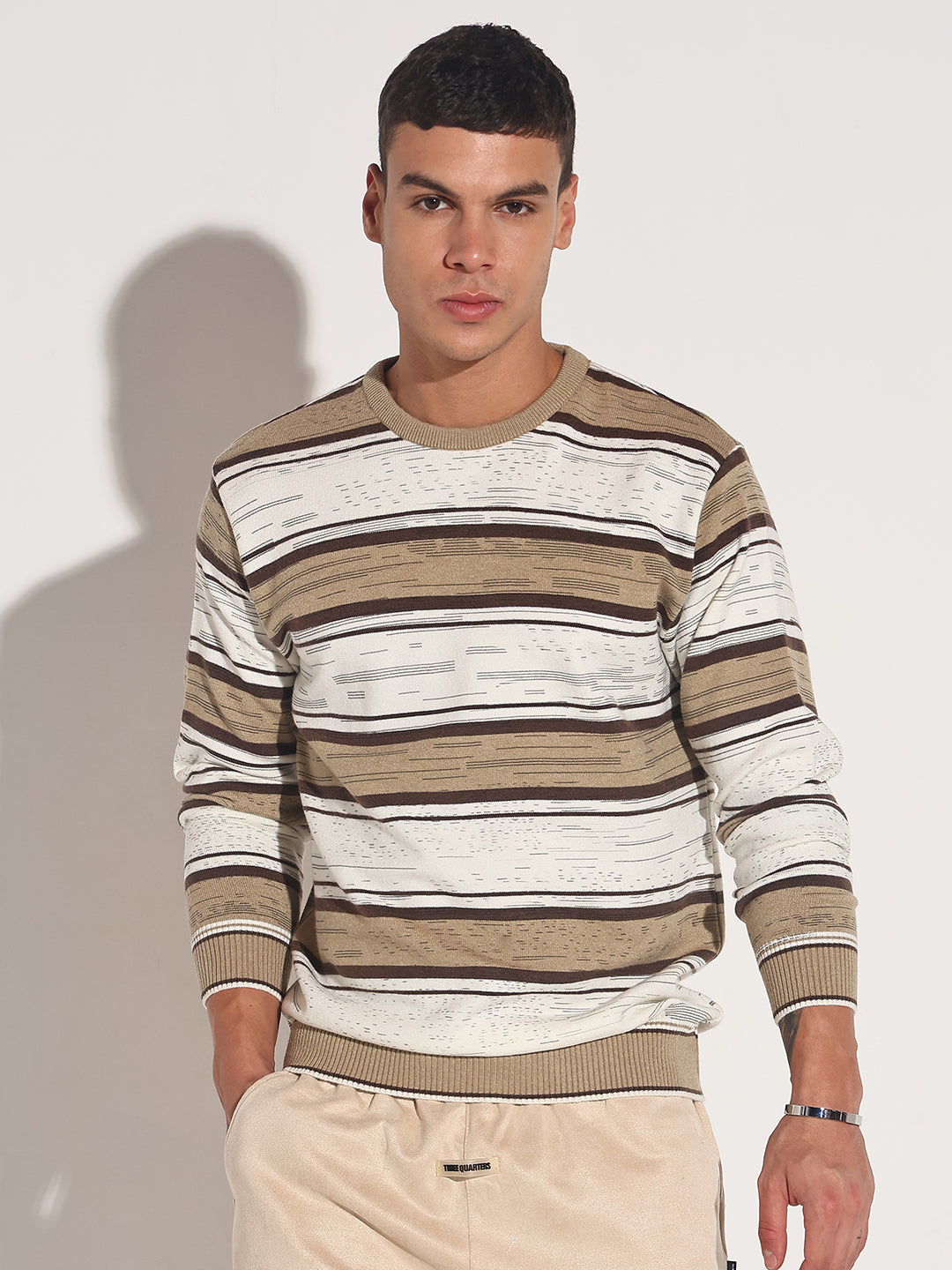 Men's Striped Brown Ribbed Round Neck Sweater