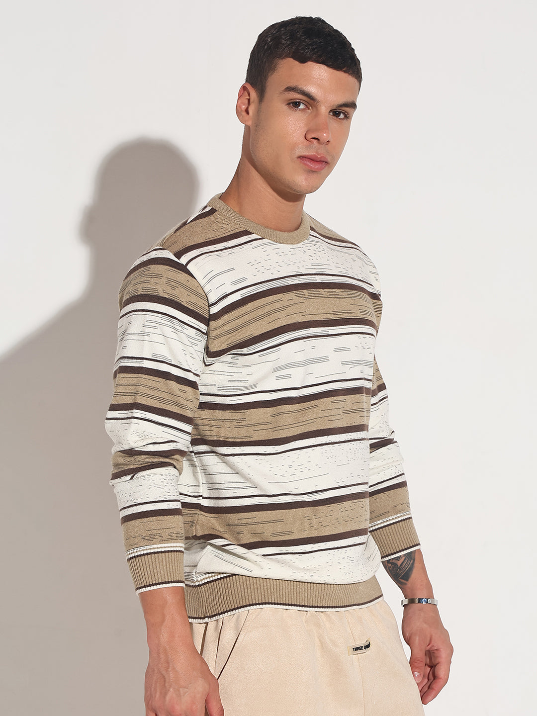 Men's Striped Brown Ribbed Round Neck Sweater