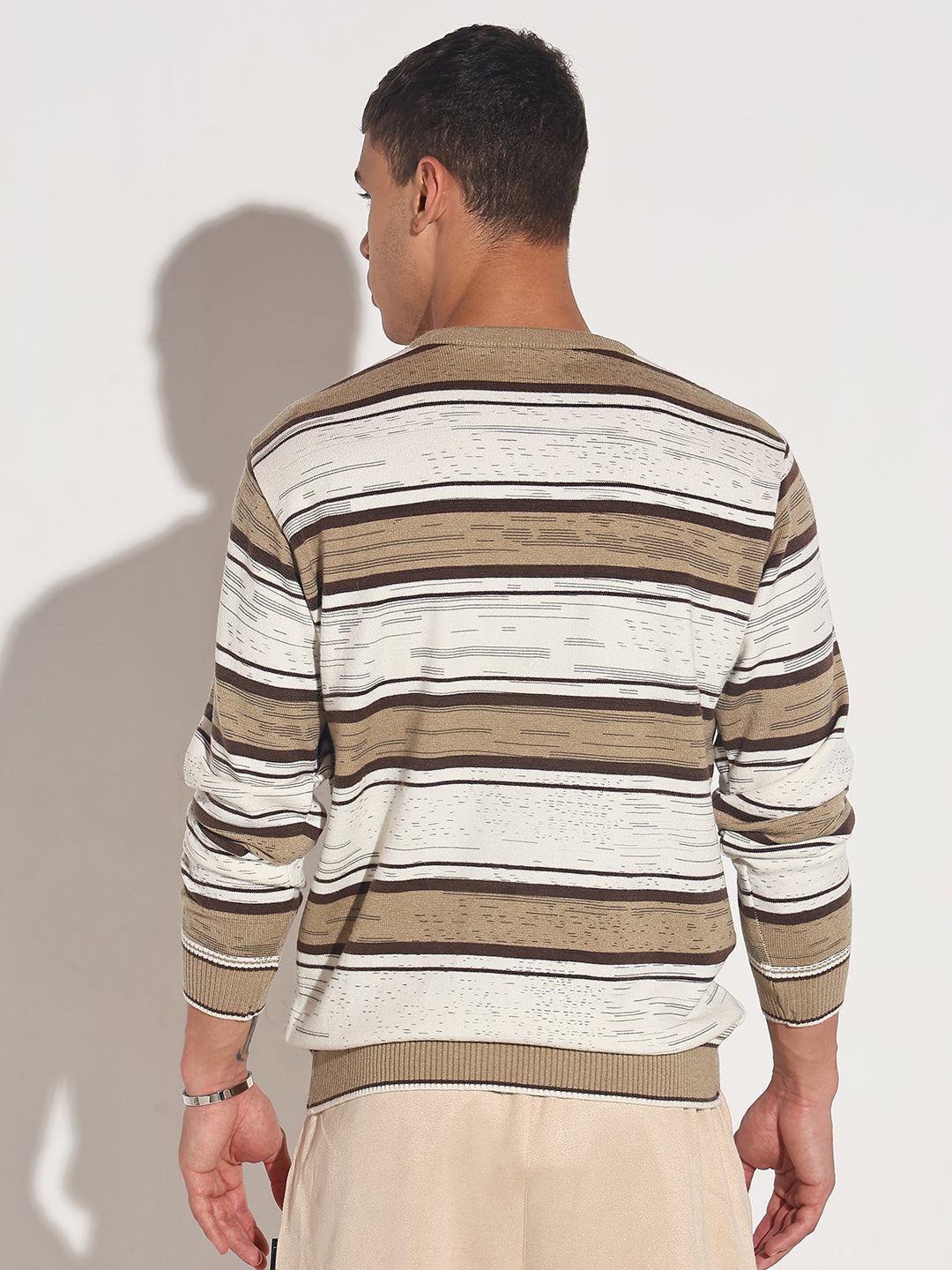Men's Striped Brown Ribbed Round Neck Sweater