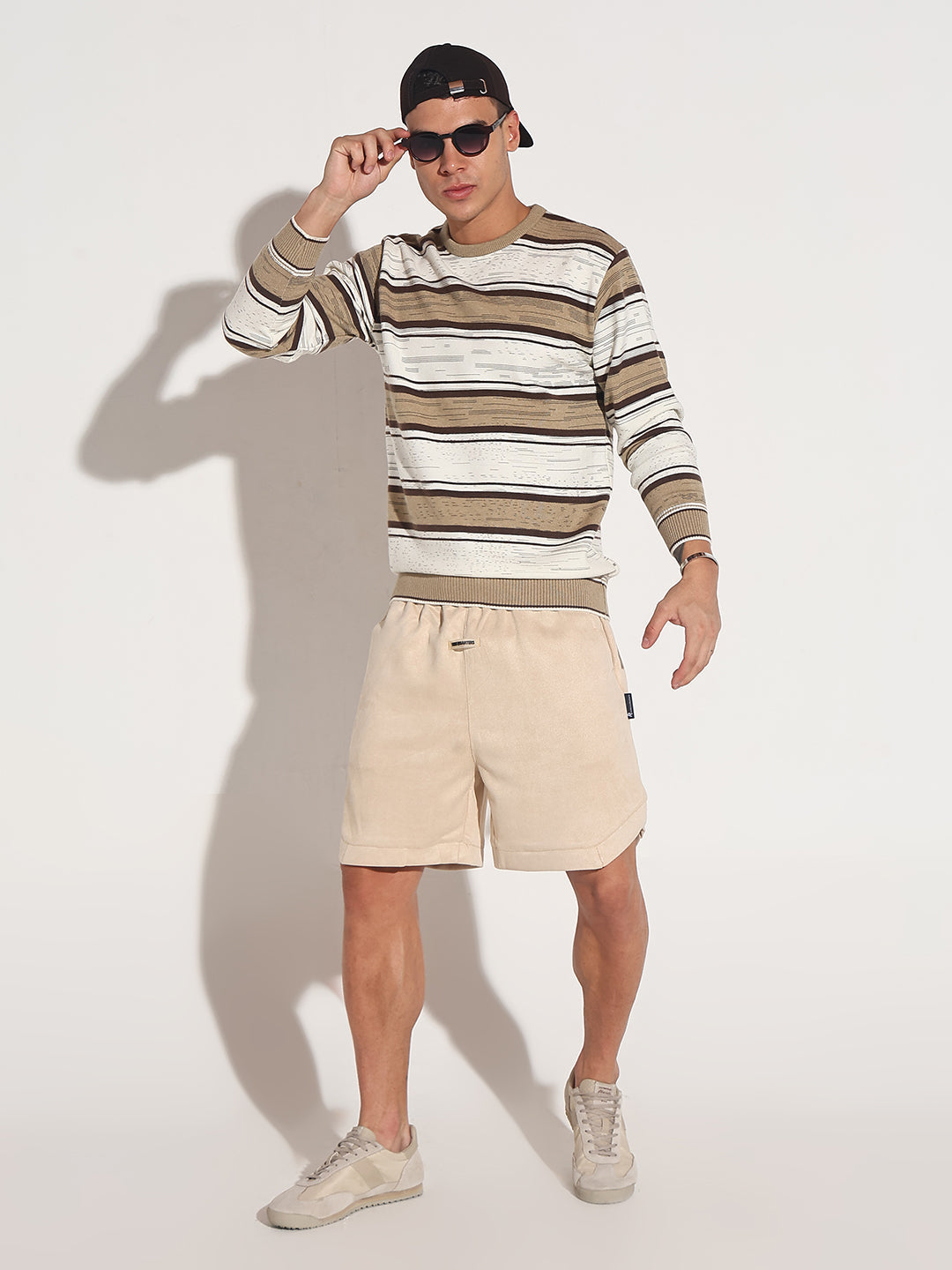 Men's Striped Brown Ribbed Round Neck Sweater