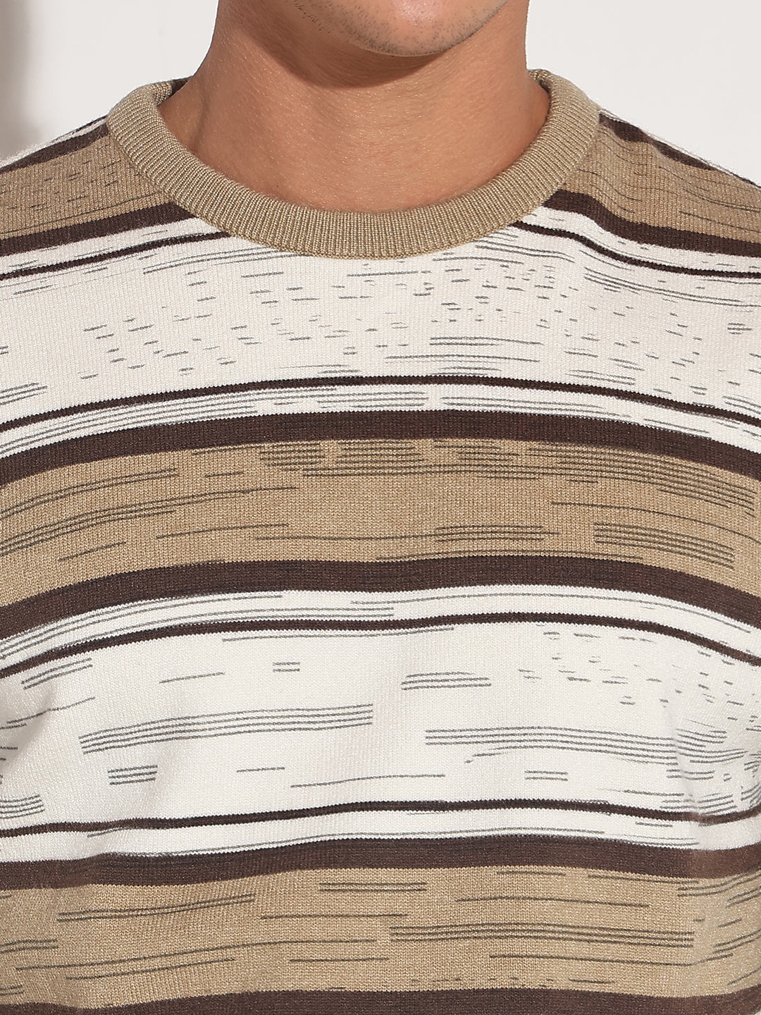 Men's Striped Brown Ribbed Round Neck Sweater