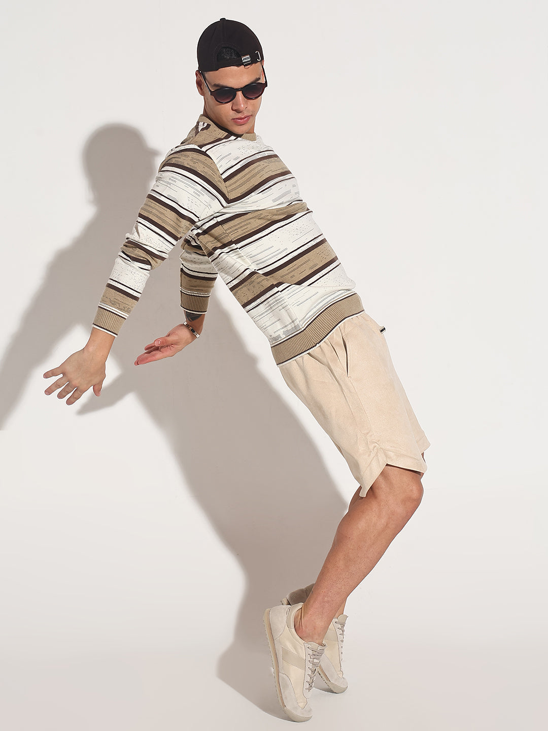 Men's Striped Brown Ribbed Round Neck Sweater