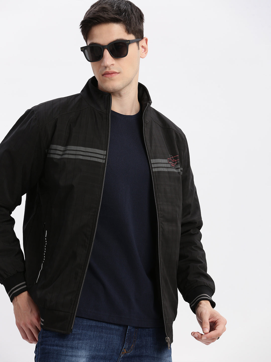 Men's Black Geometric Printed Mock Collar Rapid-Dry Technology Windcheater Bomber Jacket