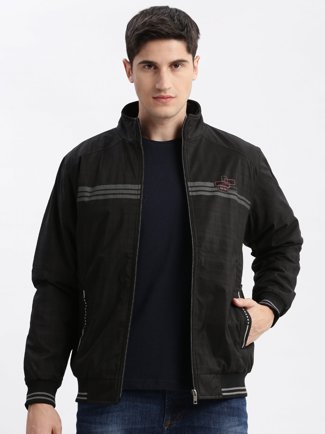 Men's Black Geometric Printed Mock Collar Rapid-Dry Technology Windcheater Bomber Jacket