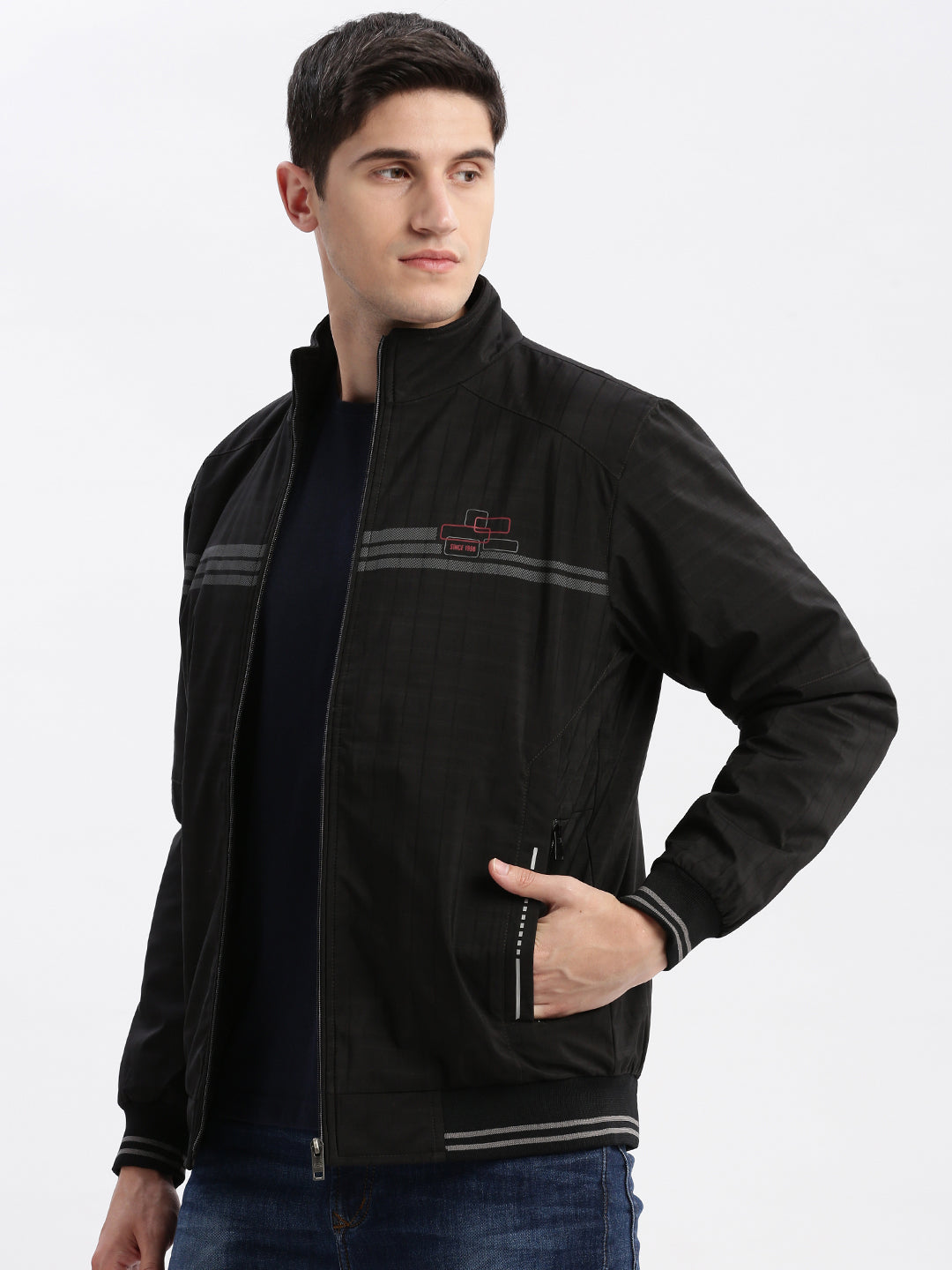 Men's Black Geometric Printed Mock Collar Rapid-Dry Technology Windcheater Bomber Jacket