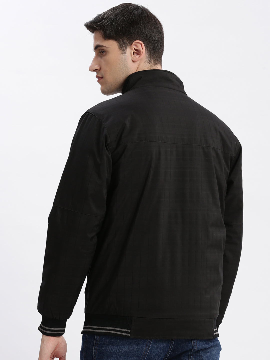 Men's Black Geometric Printed Mock Collar Rapid-Dry Technology Windcheater Bomber Jacket