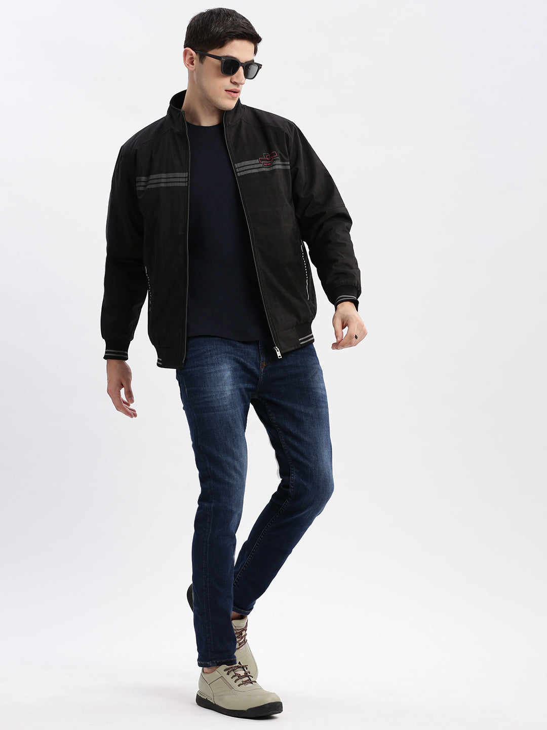 Men's Black Geometric Printed Mock Collar Rapid-Dry Technology Windcheater Bomber Jacket