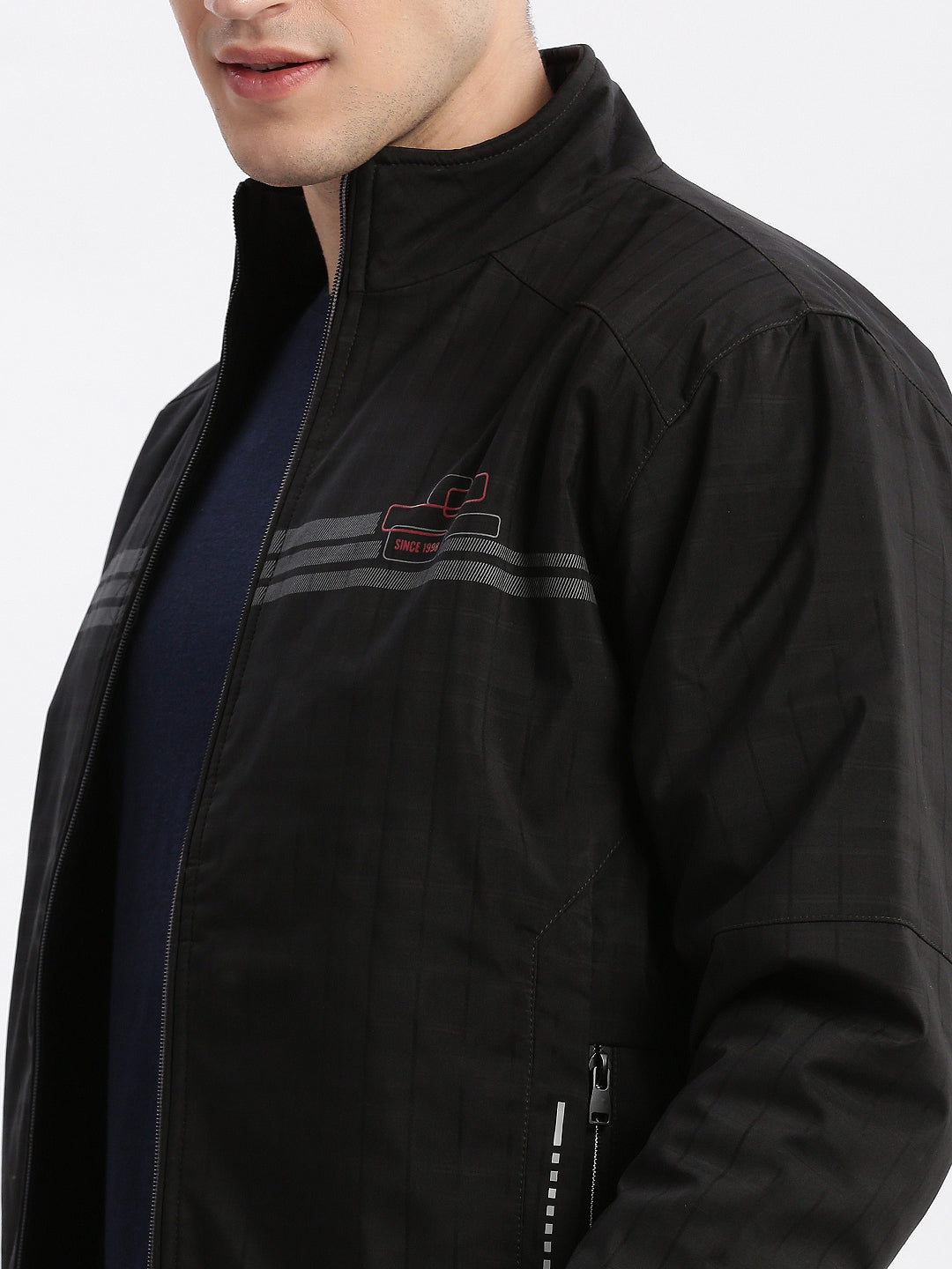 Men's Black Geometric Printed Mock Collar Rapid-Dry Technology Windcheater Bomber Jacket