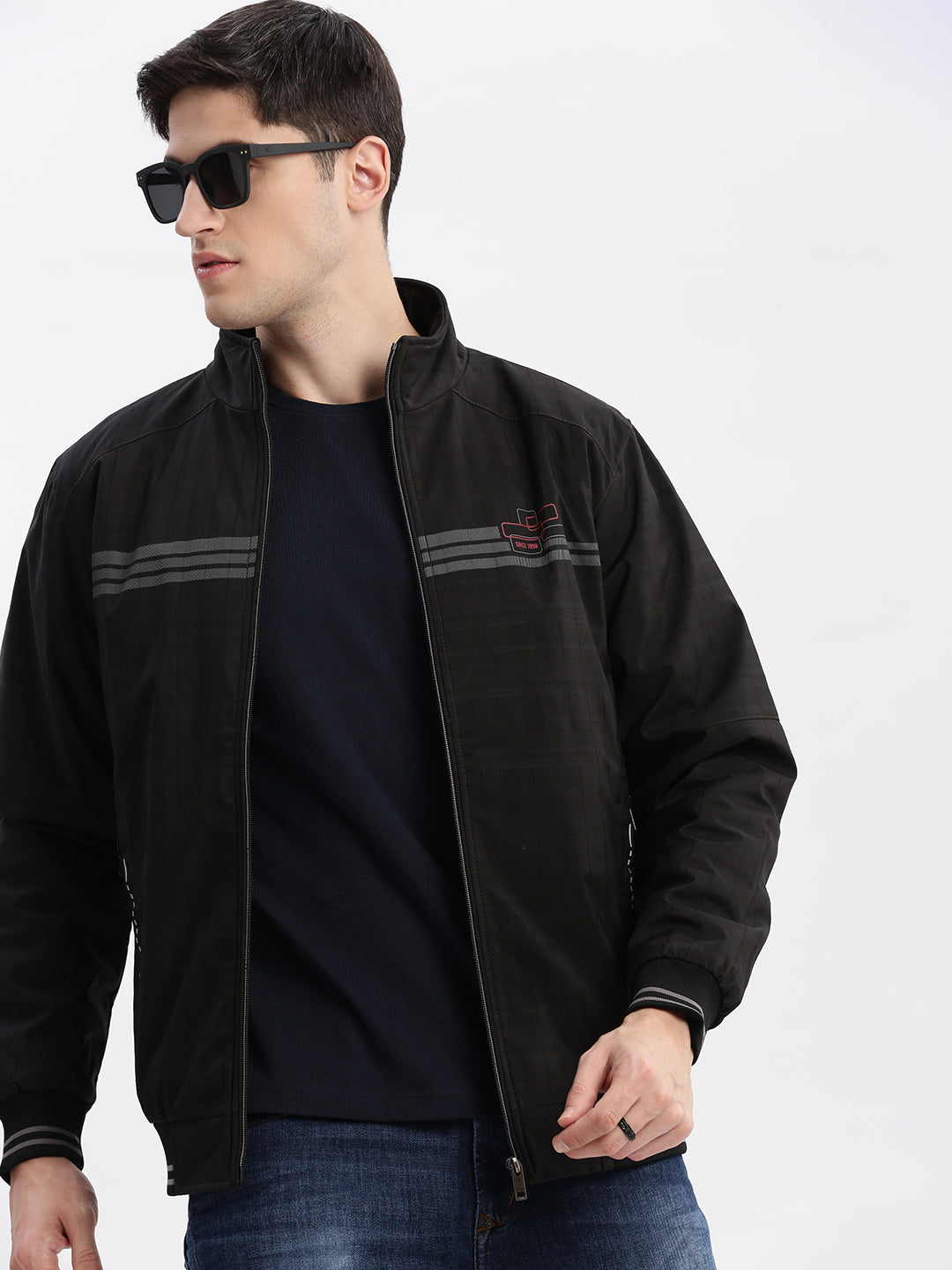 Men's Black Geometric Printed Mock Collar Rapid-Dry Technology Windcheater Bomber Jacket