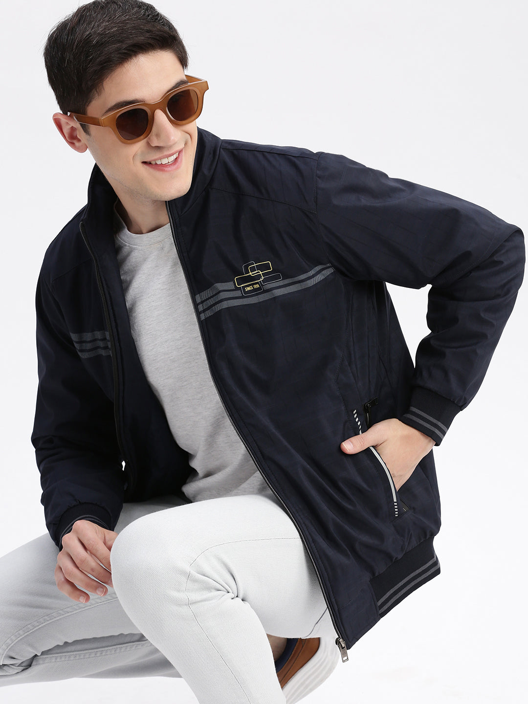 Men Striped Mock Collar Navy Blue Bomber Jacket