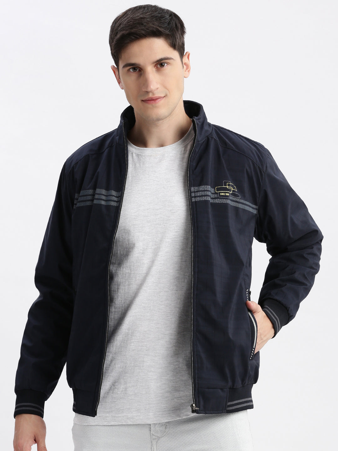 Men Striped Mock Collar Navy Blue Bomber Jacket