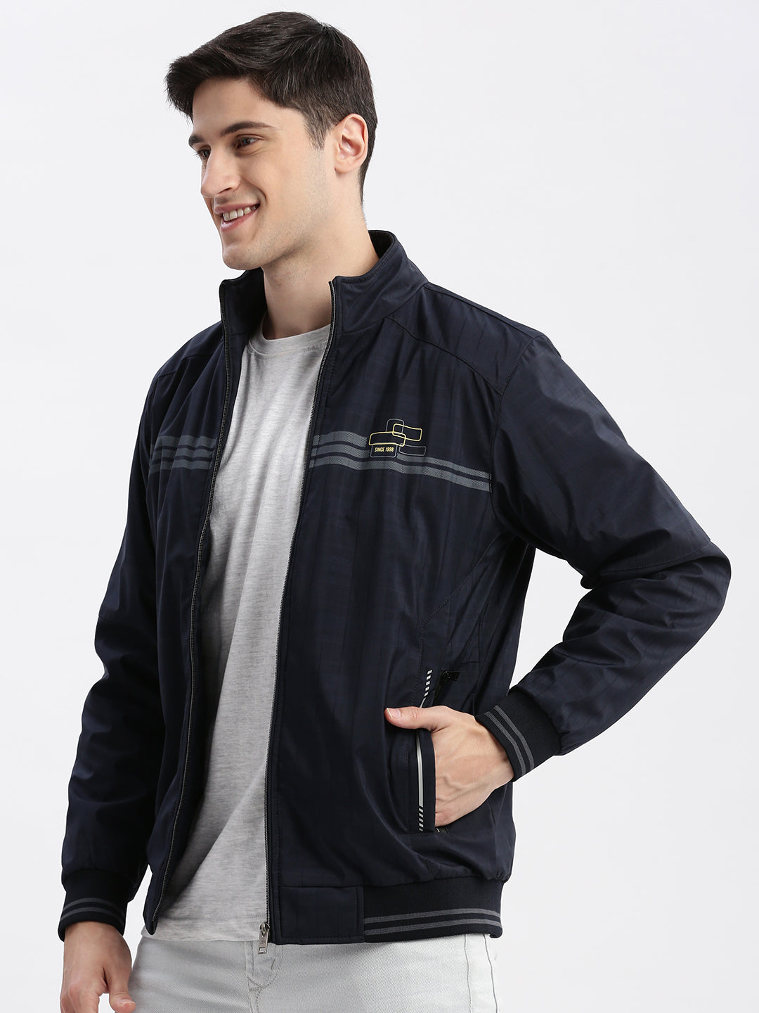 Men Striped Mock Collar Navy Blue Bomber Jacket