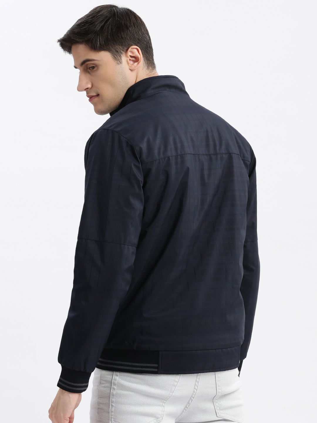 Men Striped Mock Collar Navy Blue Bomber Jacket