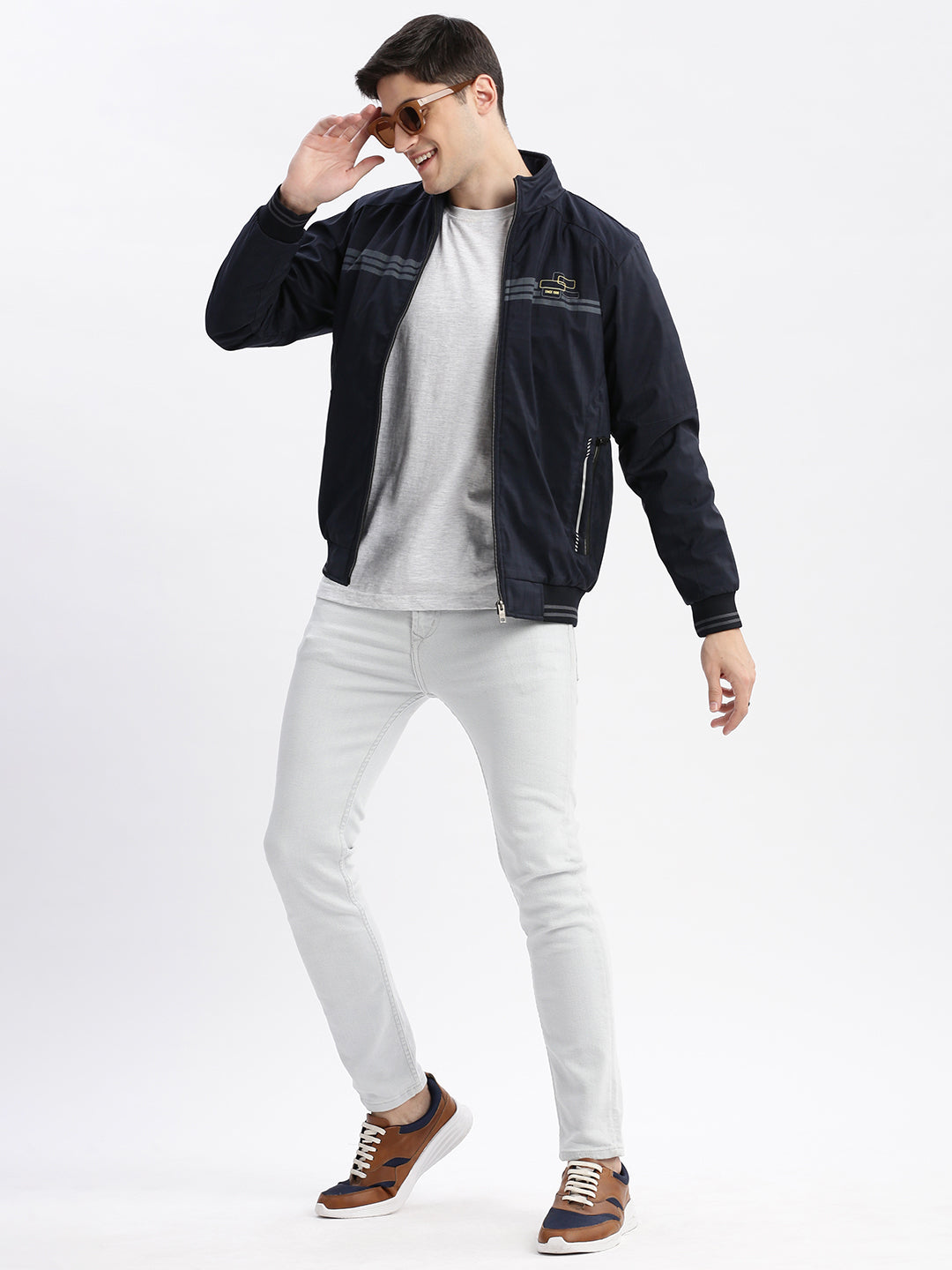 Men Striped Mock Collar Navy Blue Bomber Jacket