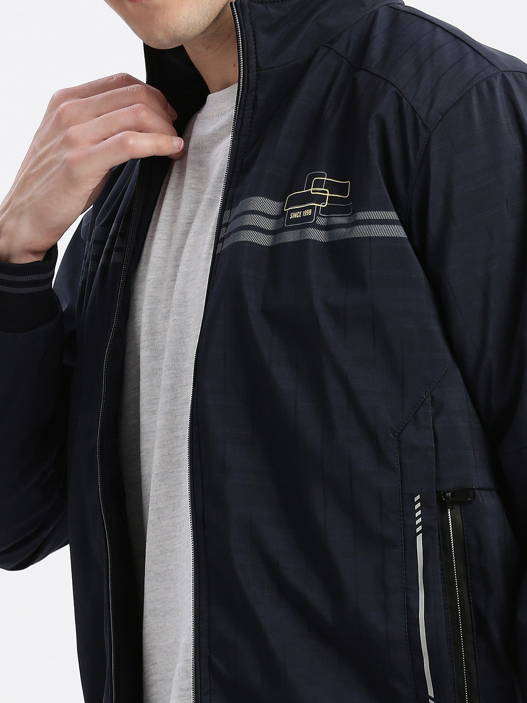 Men Striped Mock Collar Navy Blue Bomber Jacket