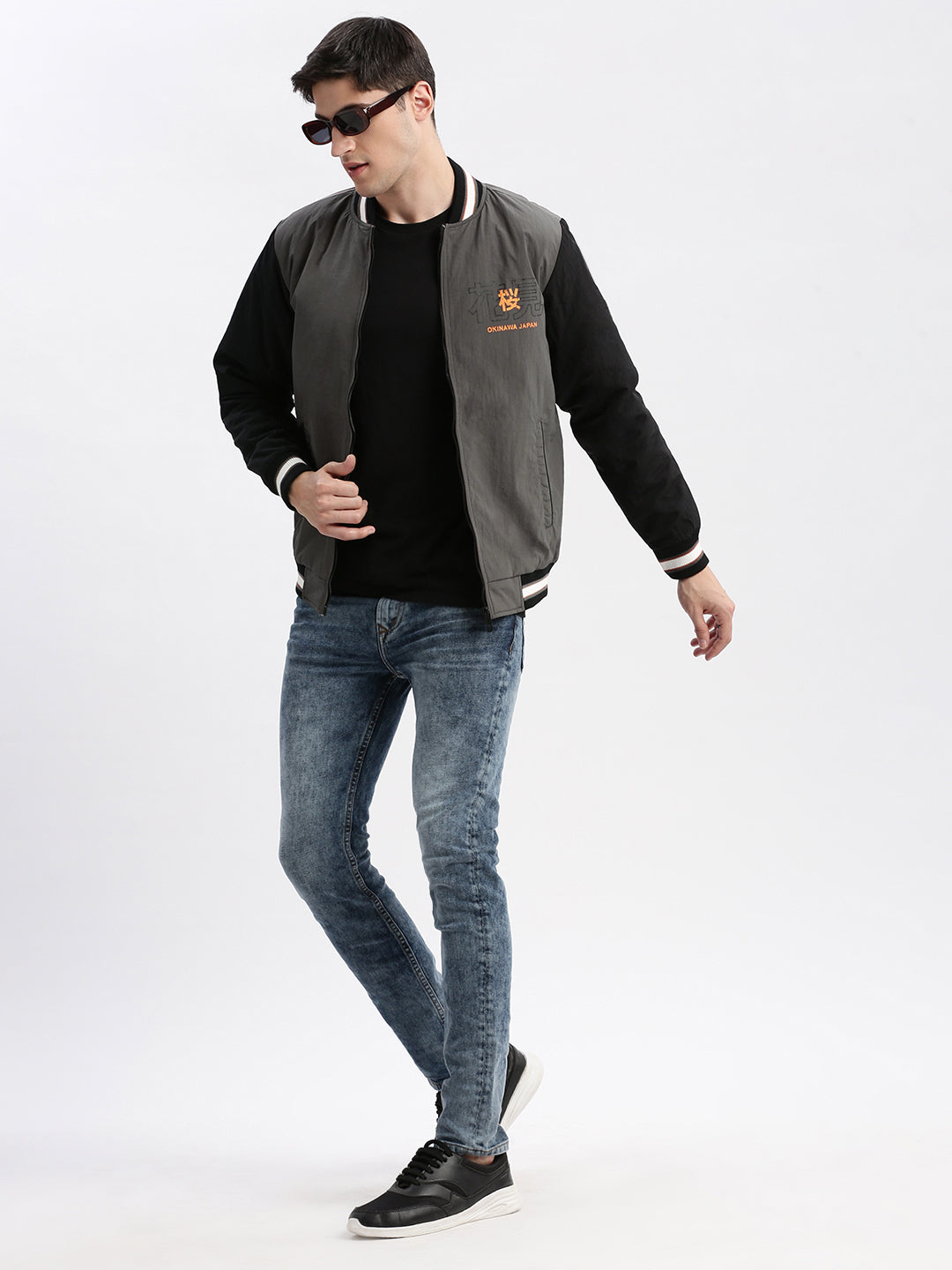 Men Colourblocked Mandarin Collar Grey Bomber Jacket