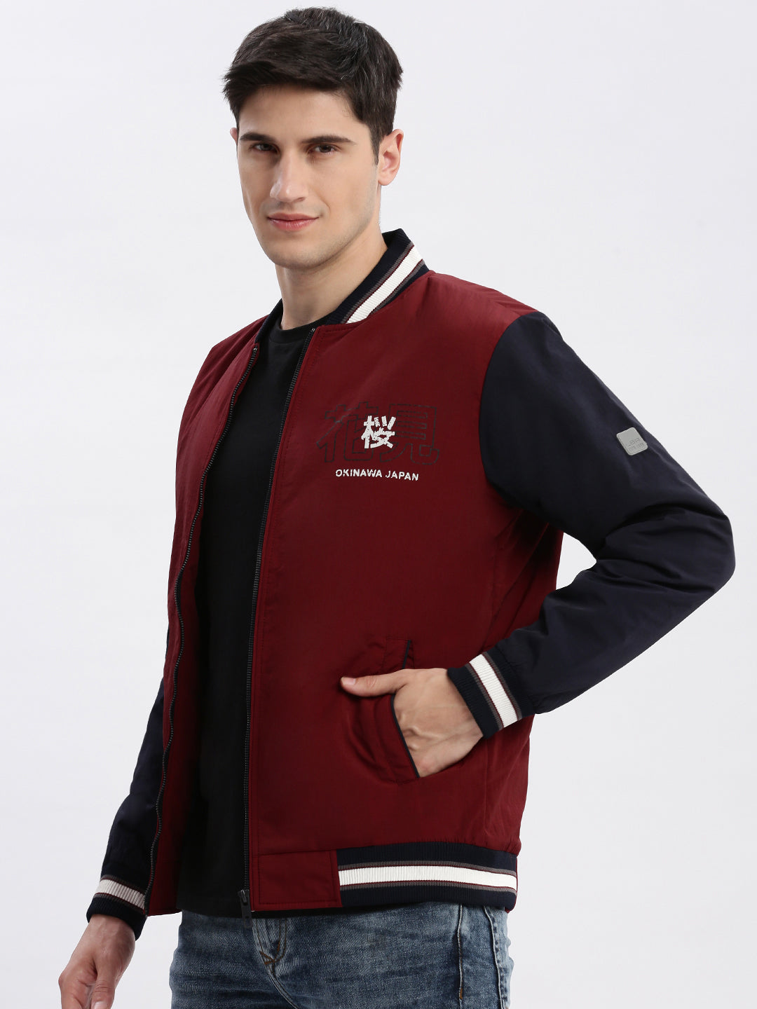 Men Colourblocked Mandarin Collar Maroon Bomber Jacket