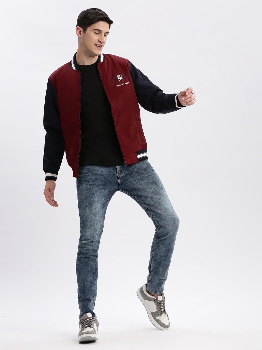 Men Colourblocked Mandarin Collar Maroon Bomber Jacket