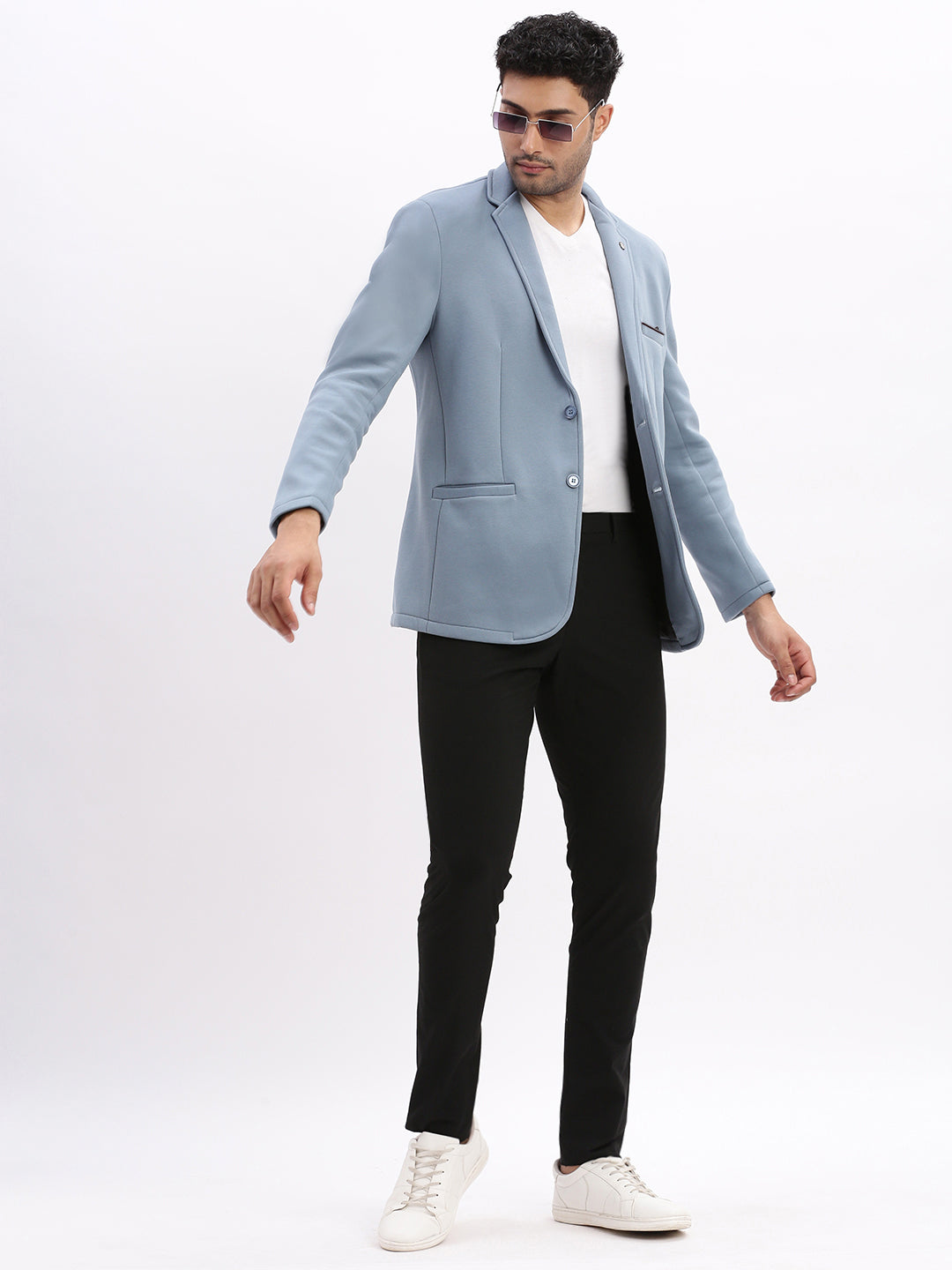 Men Blue Solid Single Breasted Blazer