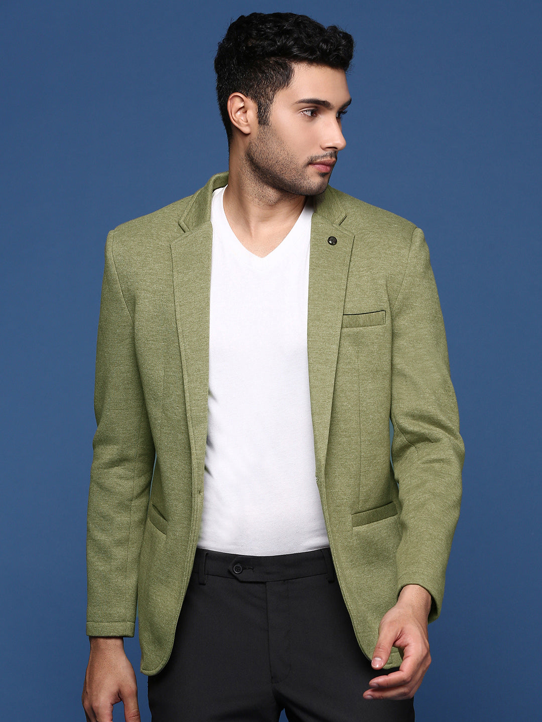 Men Green Solid Single Breasted Blazer