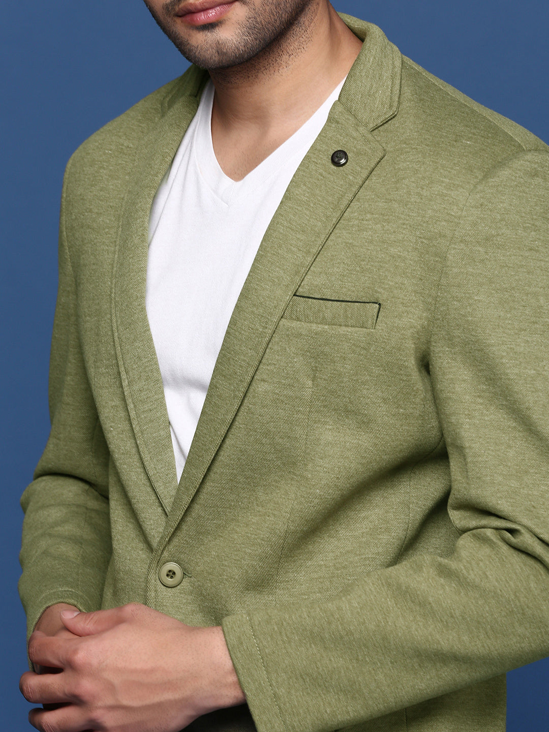 Men Green Solid Single Breasted Blazer