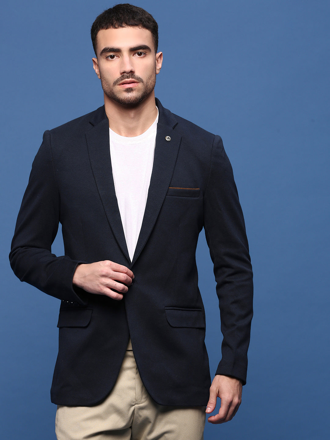 Men Navy Blue Solid Single Breasted Blazer