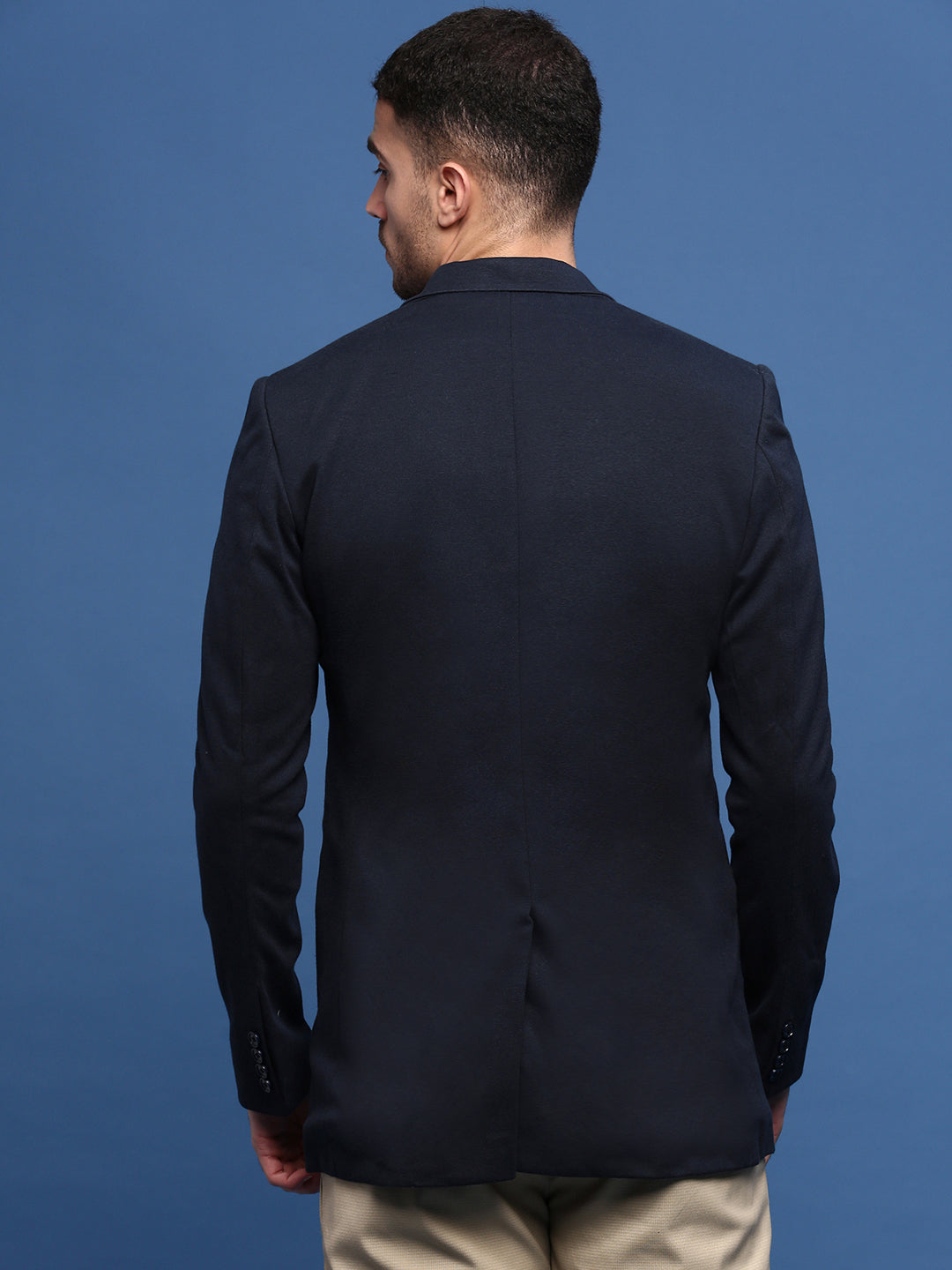 Men Navy Blue Solid Single Breasted Blazer