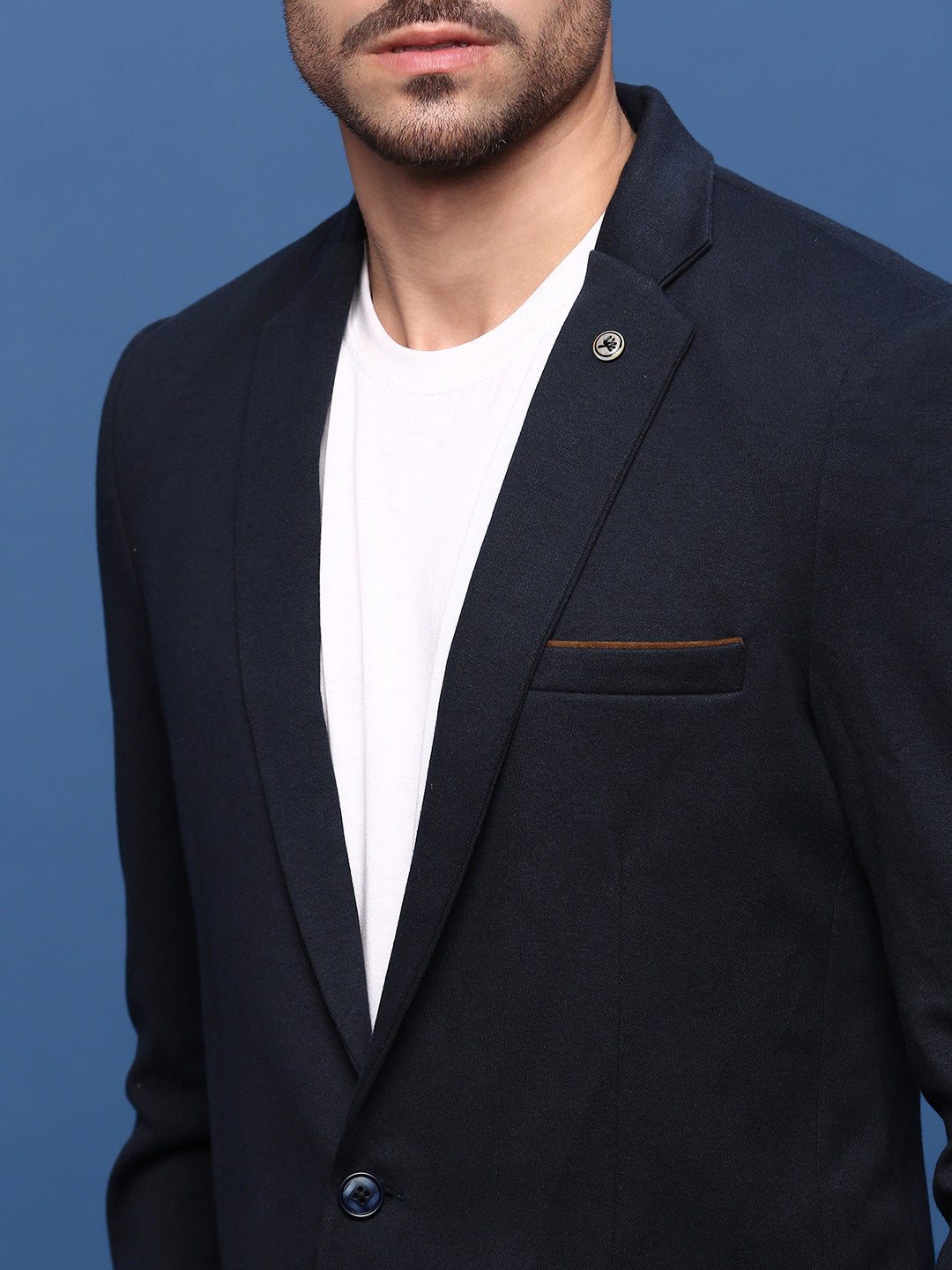 Men Navy Blue Solid Single Breasted Blazer