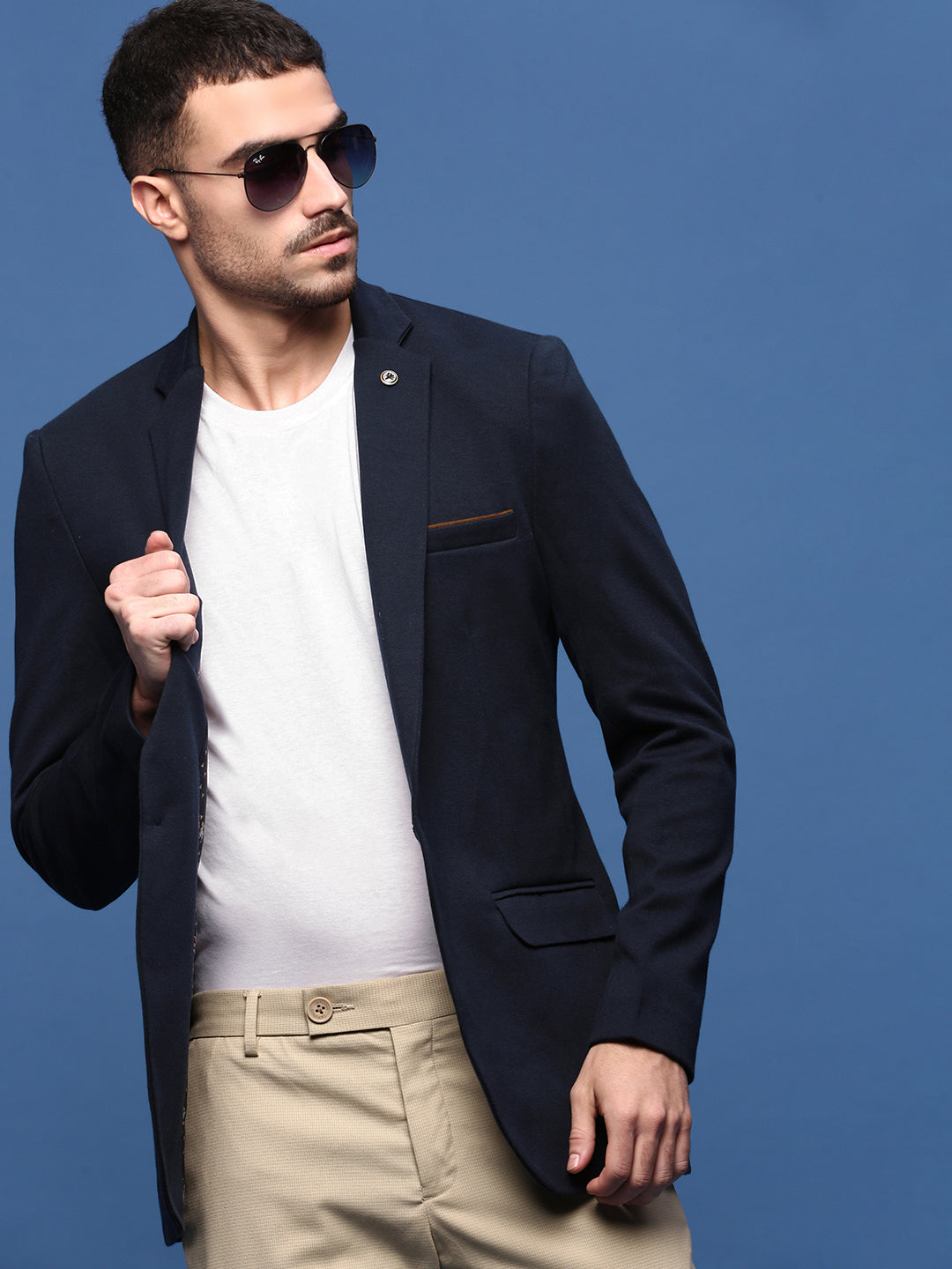 Men Navy Blue Solid Single Breasted Blazer