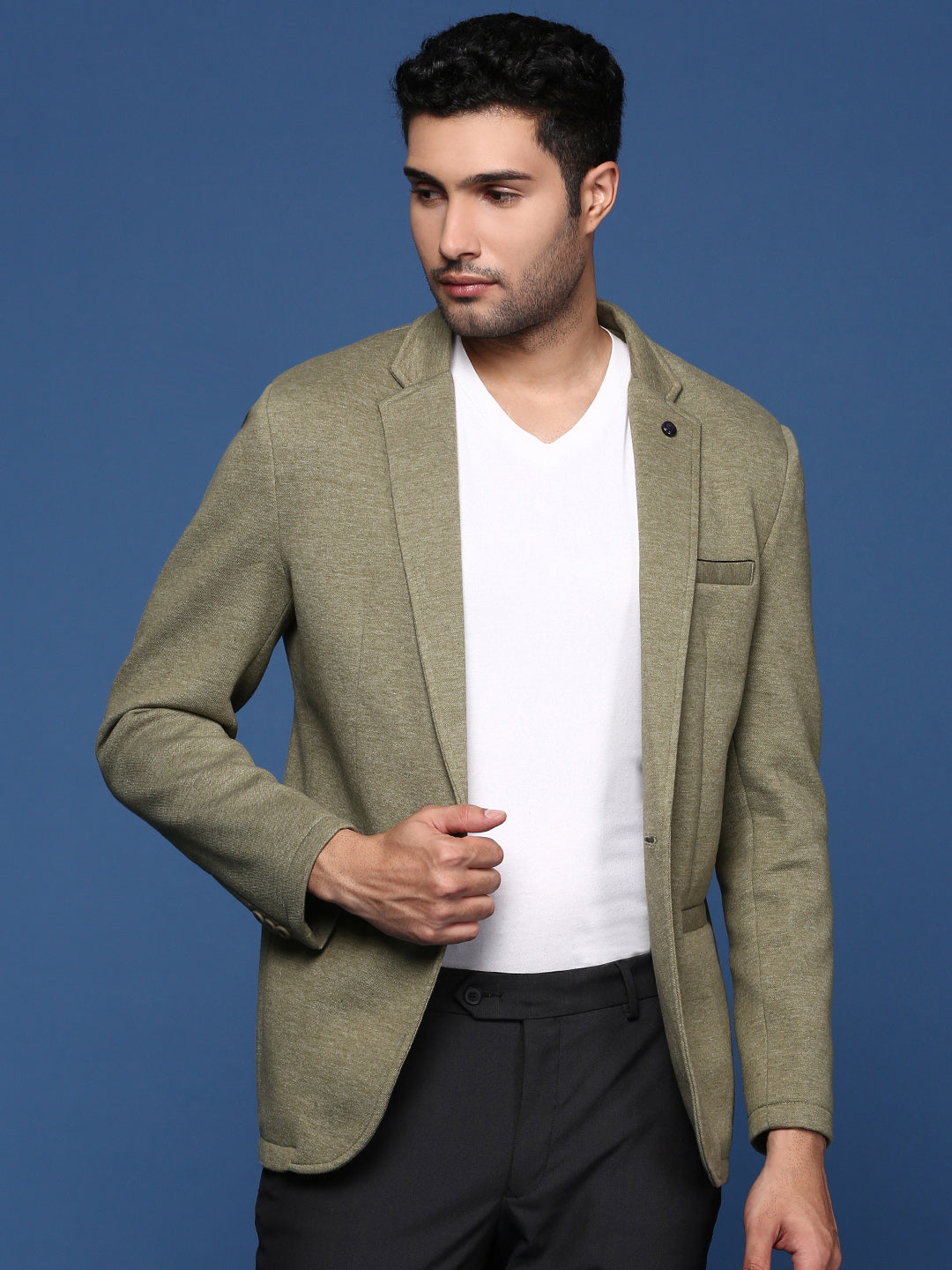 Men Green Slim Fit Single Breasted Blazer