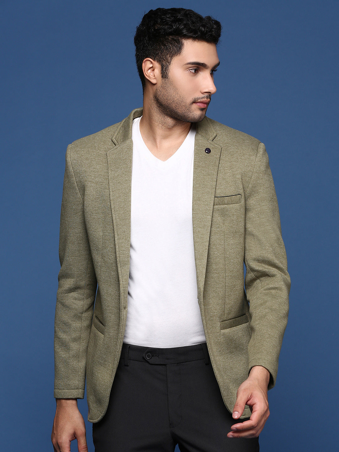 Men Green Slim Fit Single Breasted Blazer