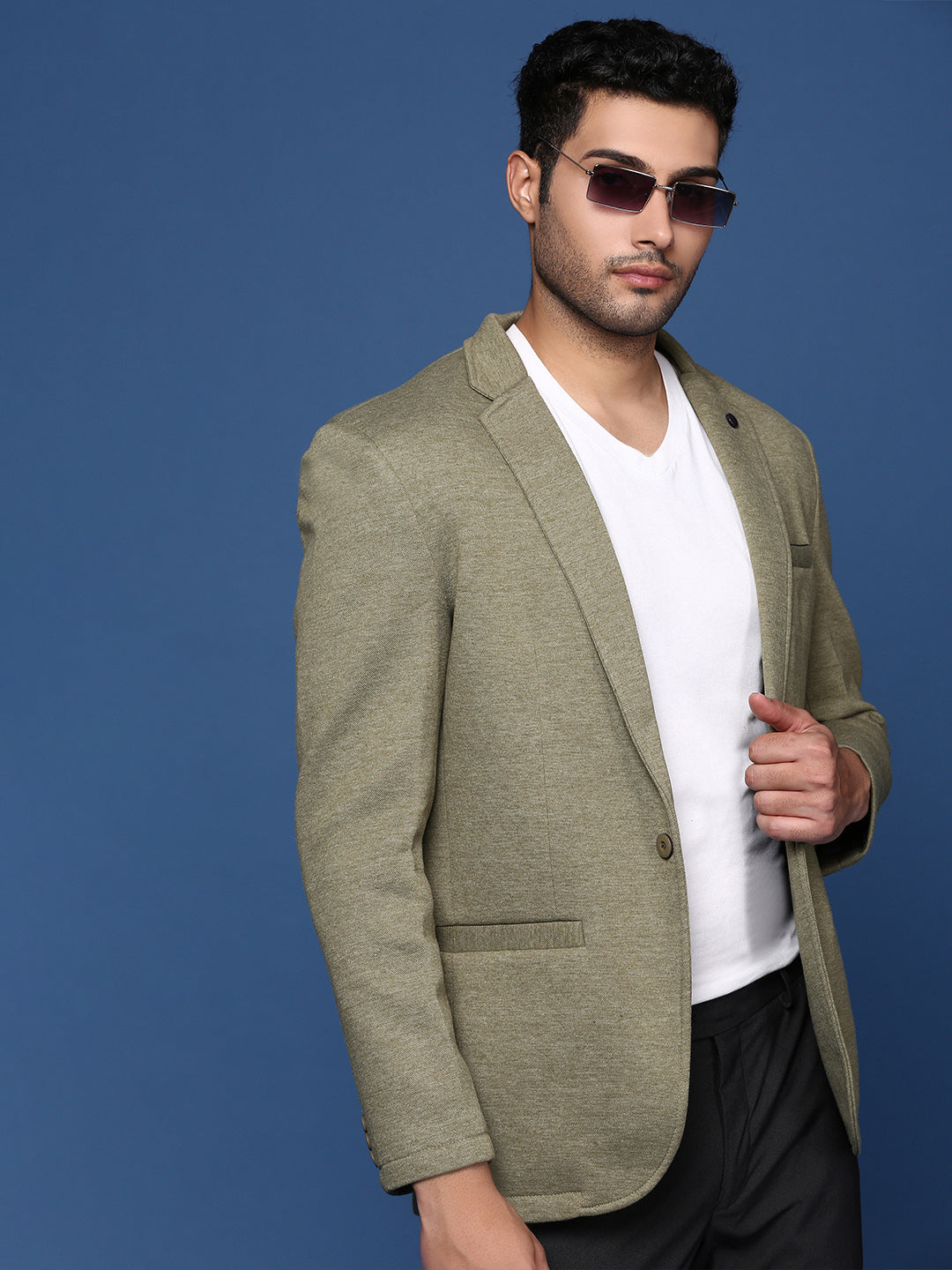 Men Green Slim Fit Single Breasted Blazer