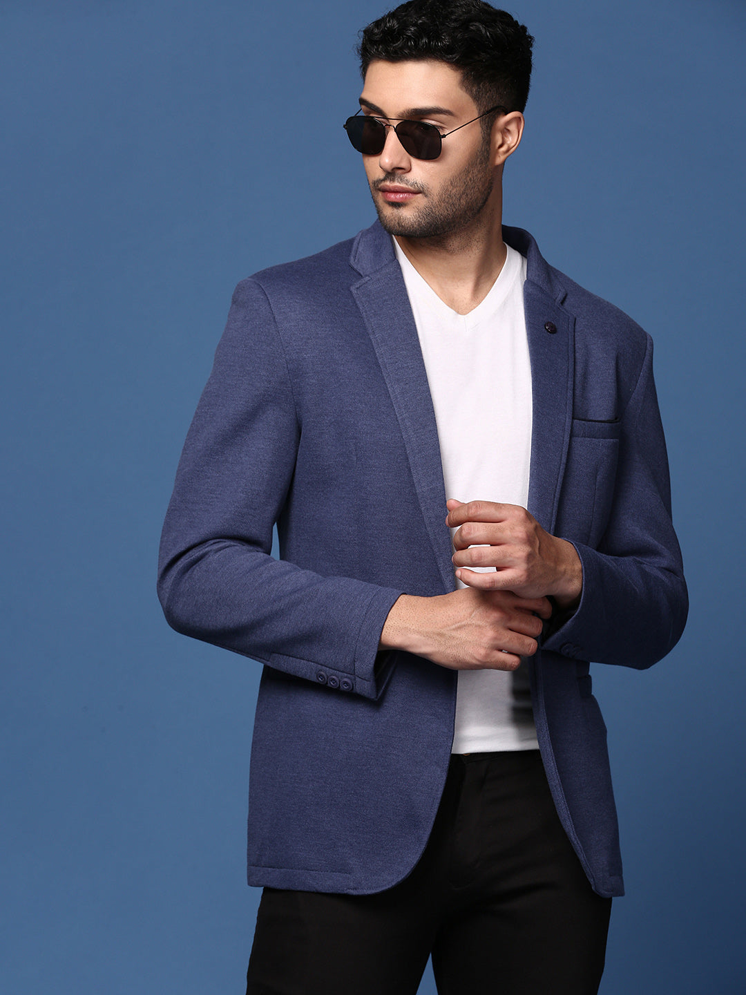 Men Navy Blue Slim Fit Single Breasted Blazer