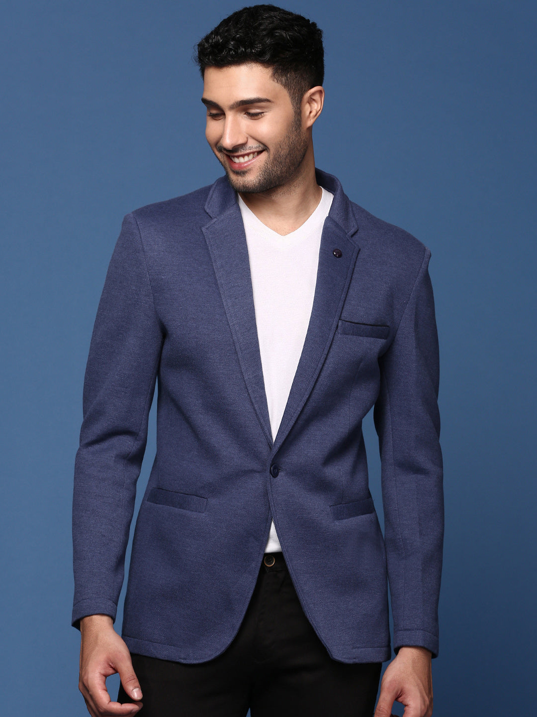 Men Navy Blue Slim Fit Single Breasted Blazer