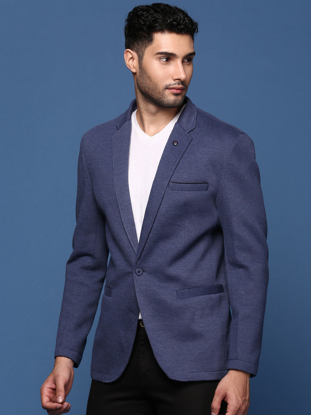 Men Navy Blue Slim Fit Single Breasted Blazer