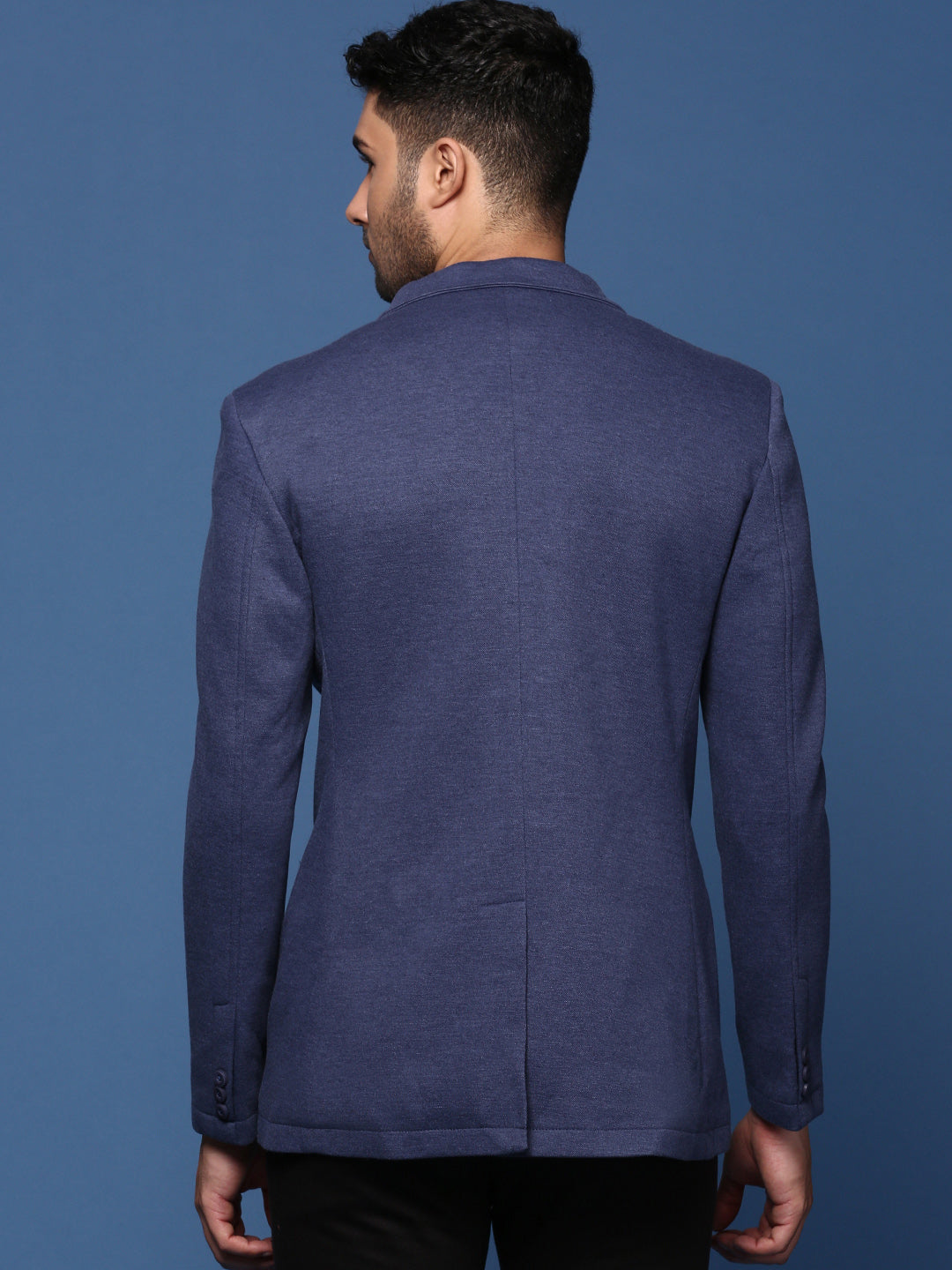 Men Navy Blue Slim Fit Single Breasted Blazer