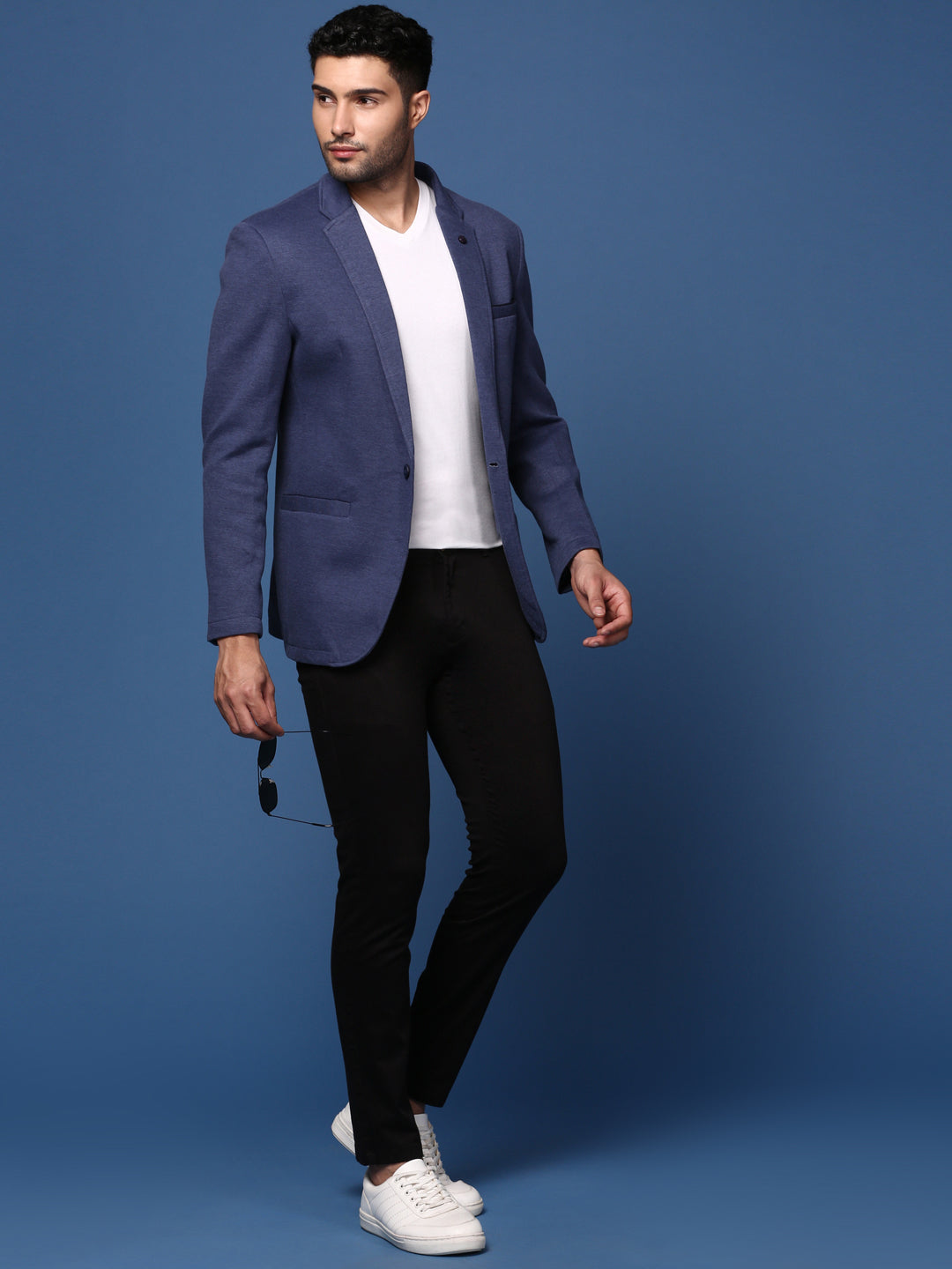 Men Navy Blue Slim Fit Single Breasted Blazer