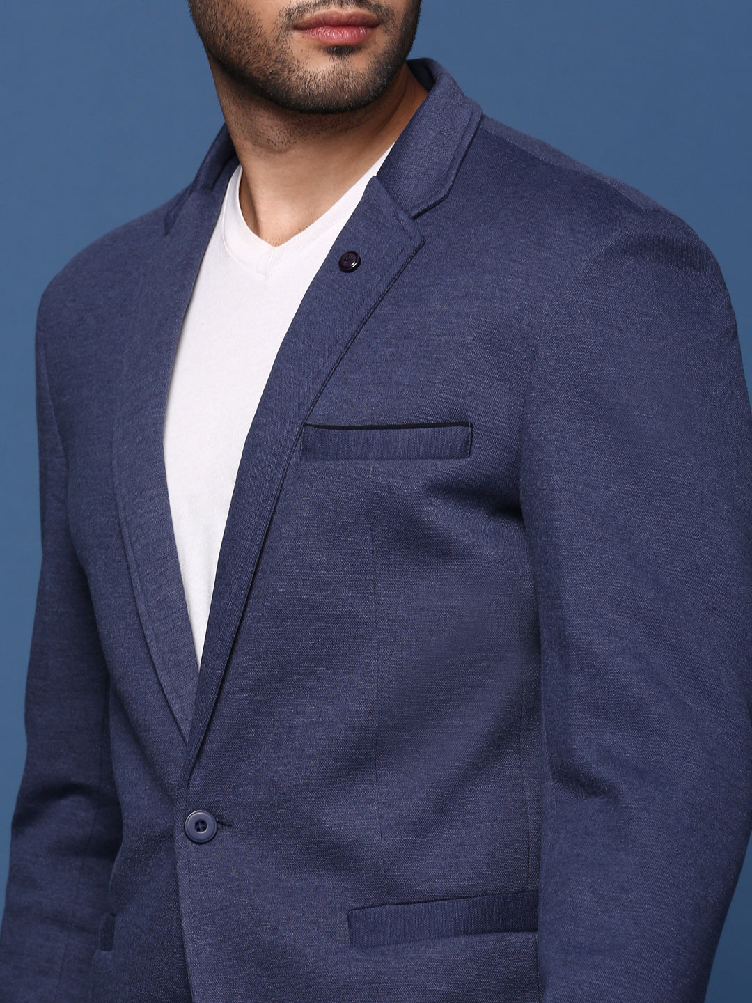 Men Navy Blue Slim Fit Single Breasted Blazer