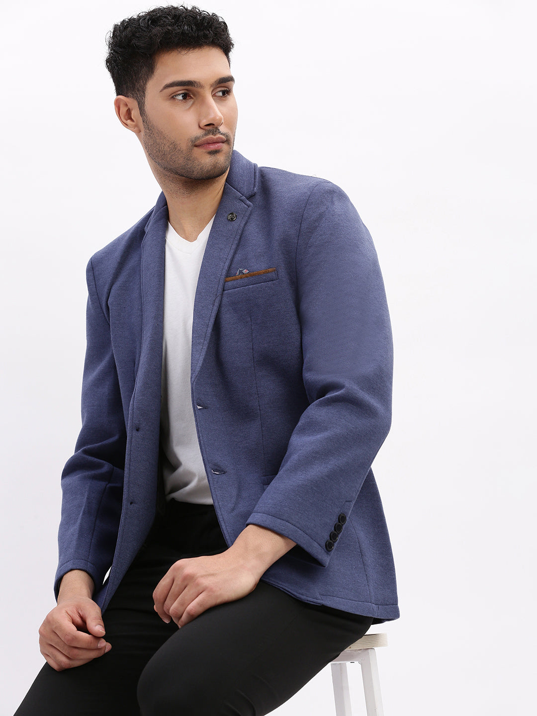 Men Blue Solid Single Breasted Blazer