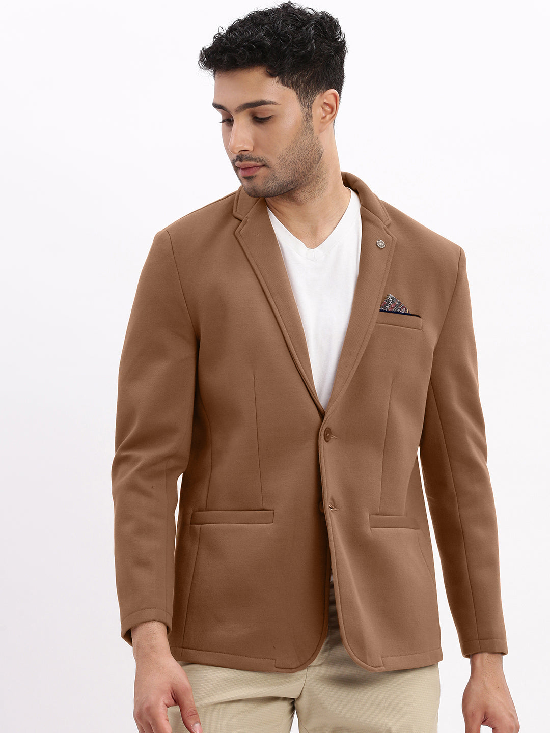 Men's Brown Single-Breasted Slim Fit Blazer with Notch Lapel