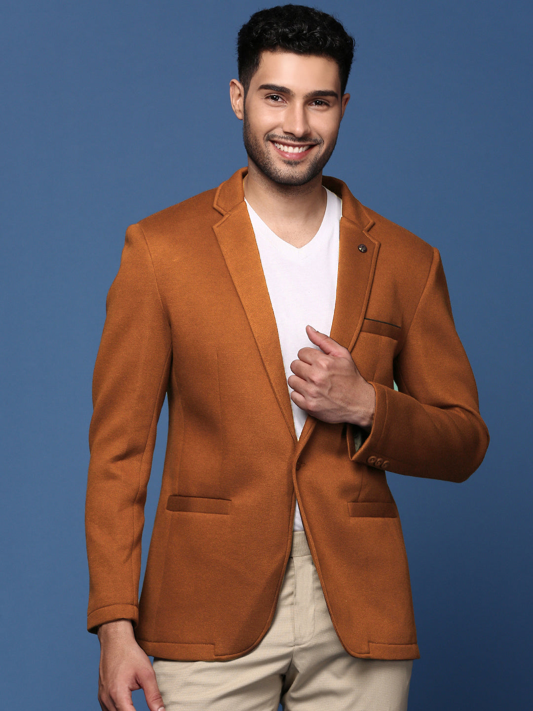 Men Camel Brown Solid Single Breasted Blazer