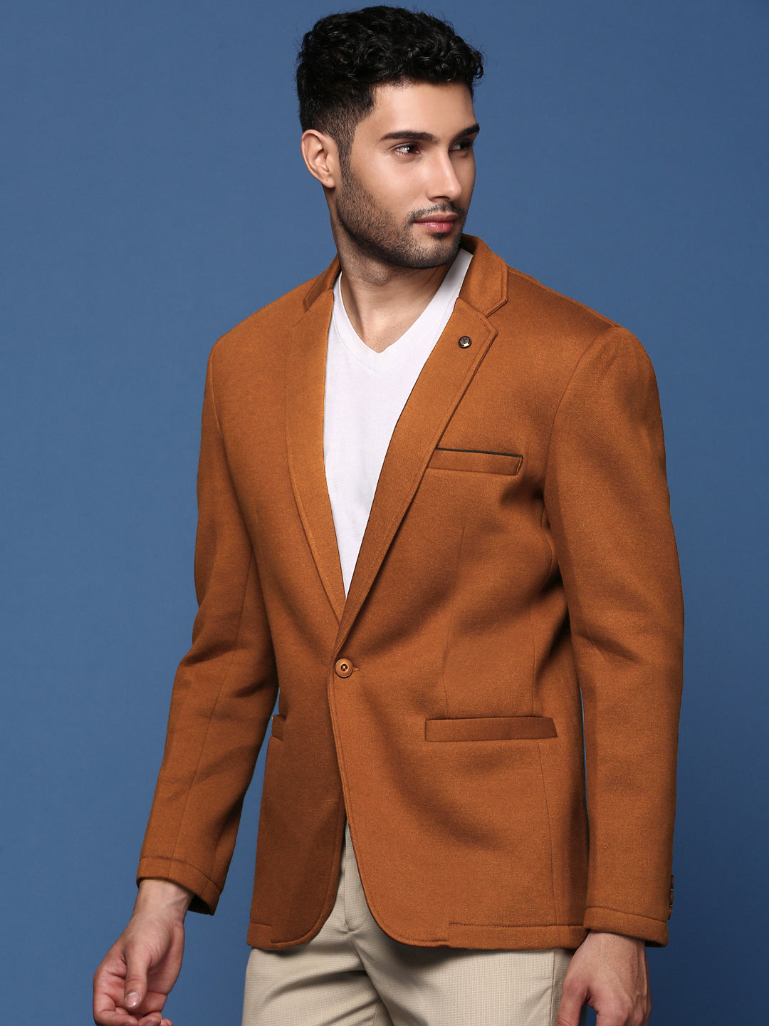 Men Camel Brown Solid Single Breasted Blazer