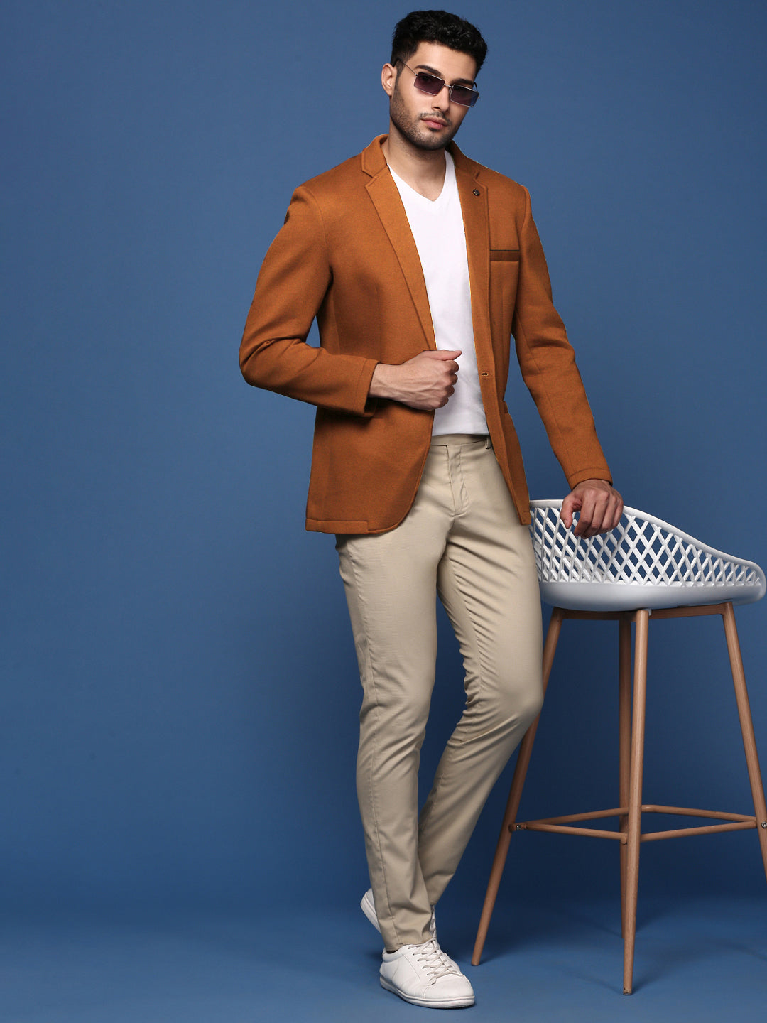 Men Camel Brown Solid Single Breasted Blazer