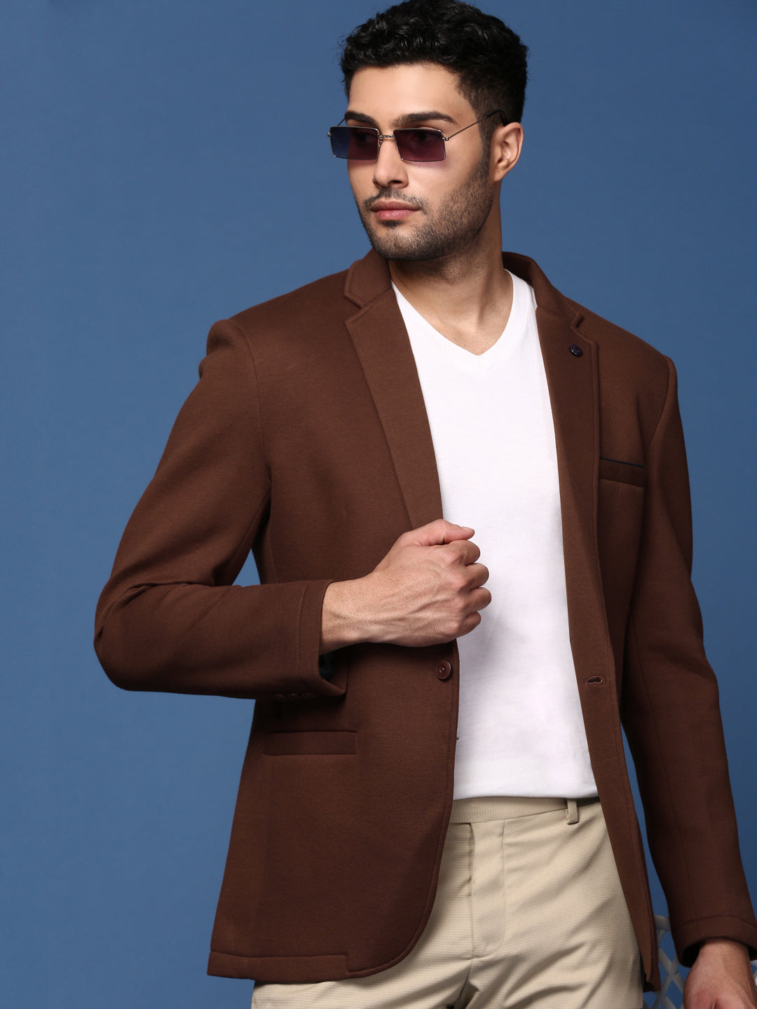 Men Coffee Brown Slim Fit Single Breasted Blazer