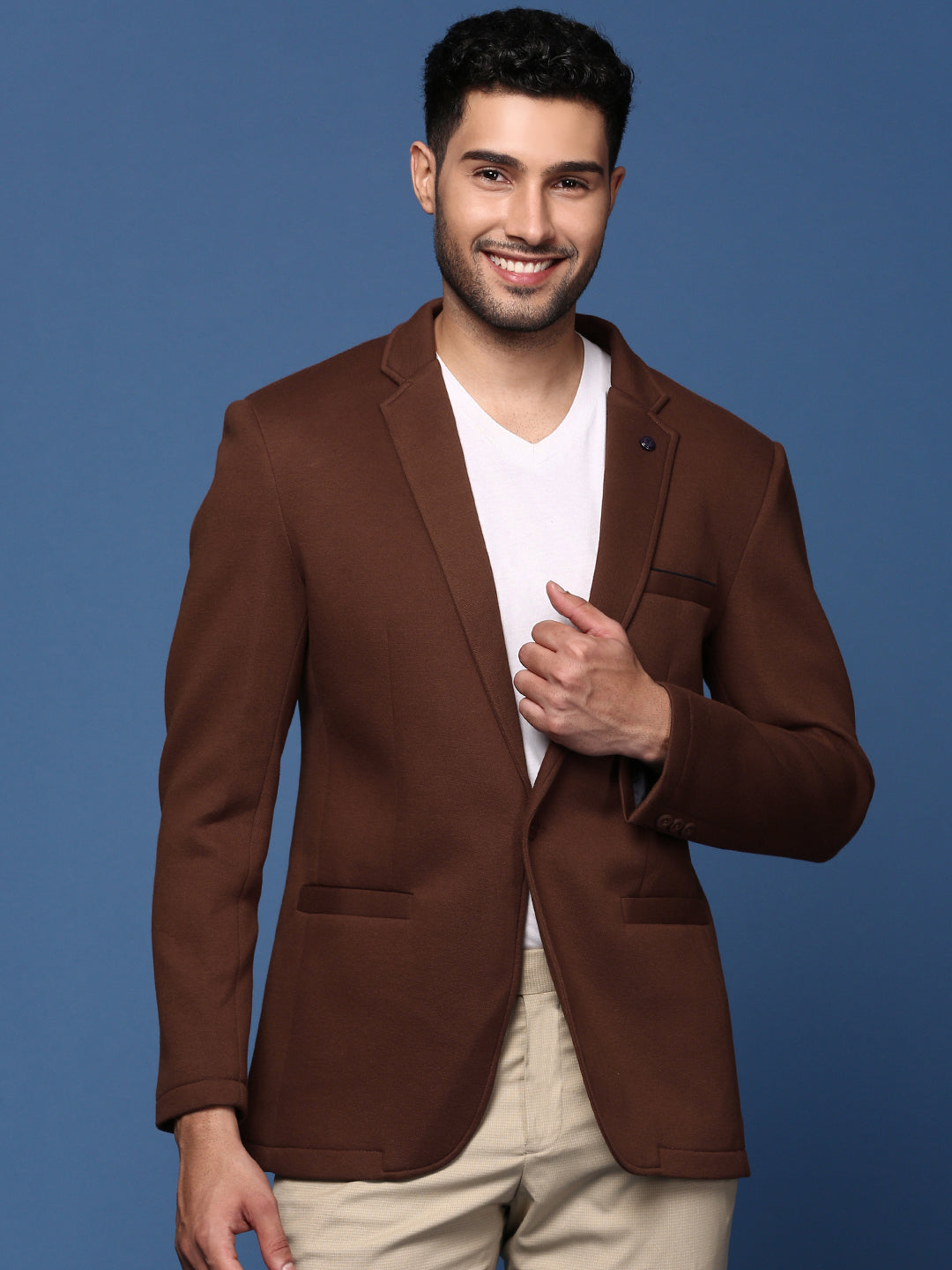 Men Coffee Brown Slim Fit Single Breasted Blazer