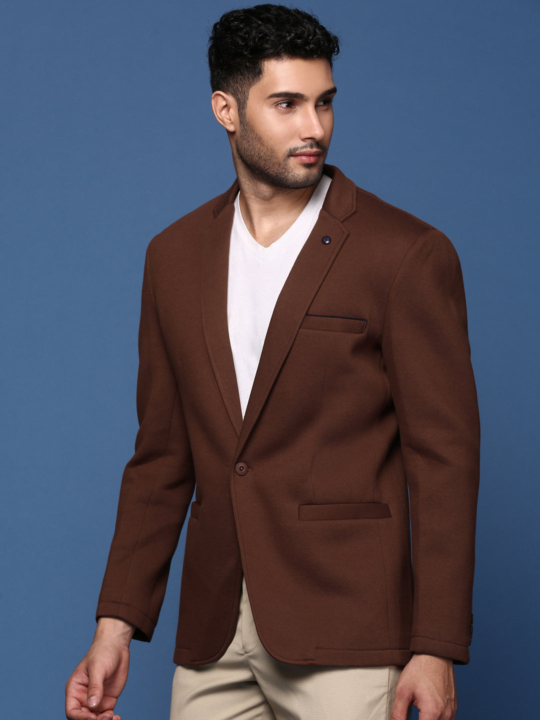 Men Coffee Brown Slim Fit Single Breasted Blazer