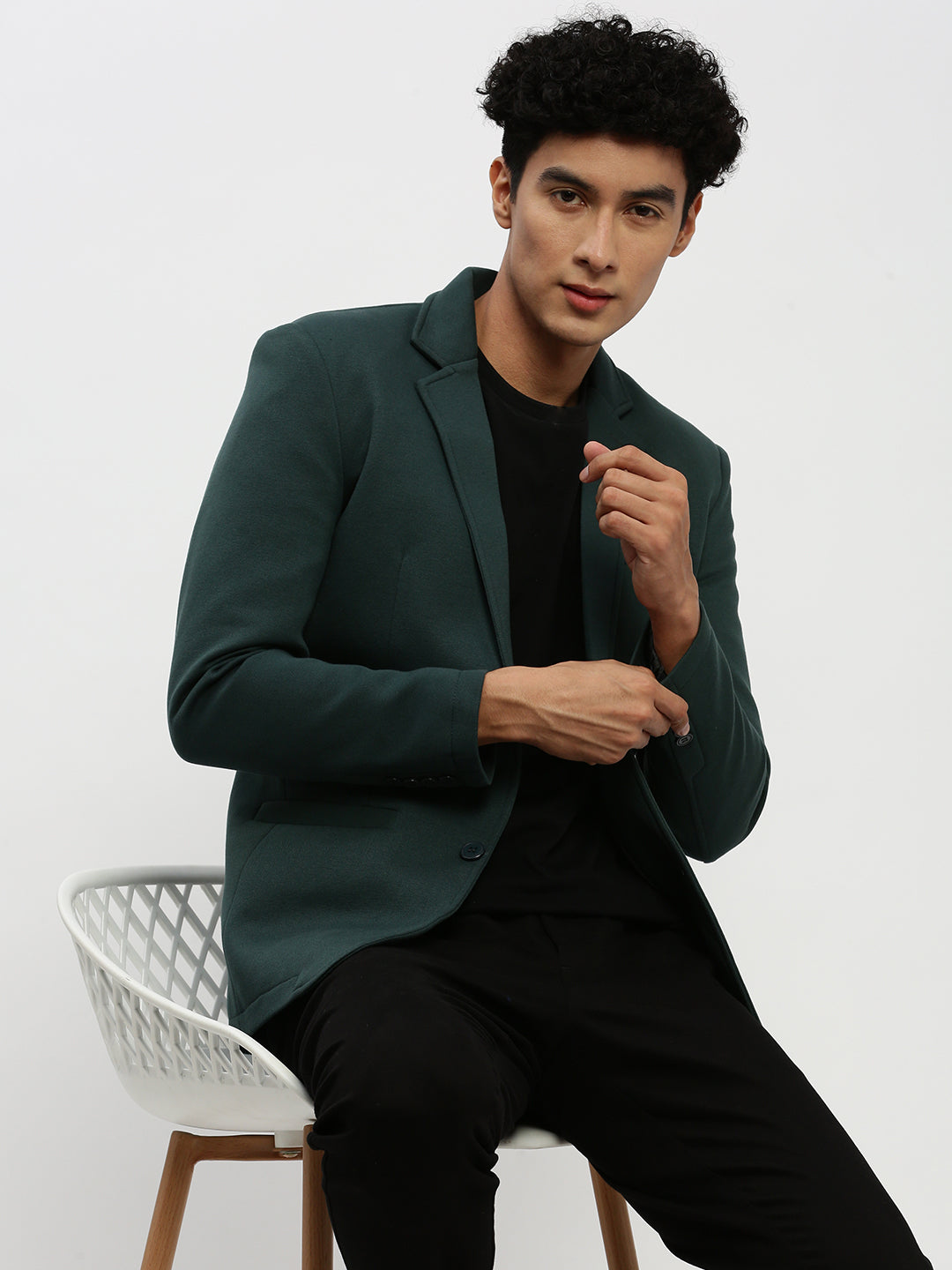 Men's Dark Green Solid Single-Breasted Blazer